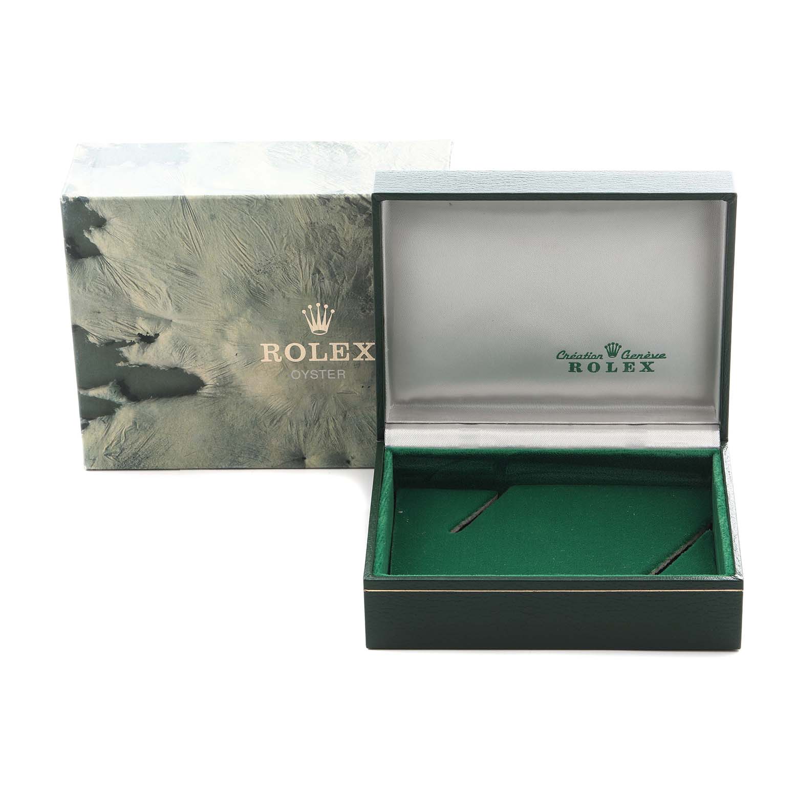 The image shows an open Rolex Datejust 16014 Men's Stainless Steel Silver Dial 16014 Men's Stainless Steel Silver Dial box at eye level alongside its closed outer box.