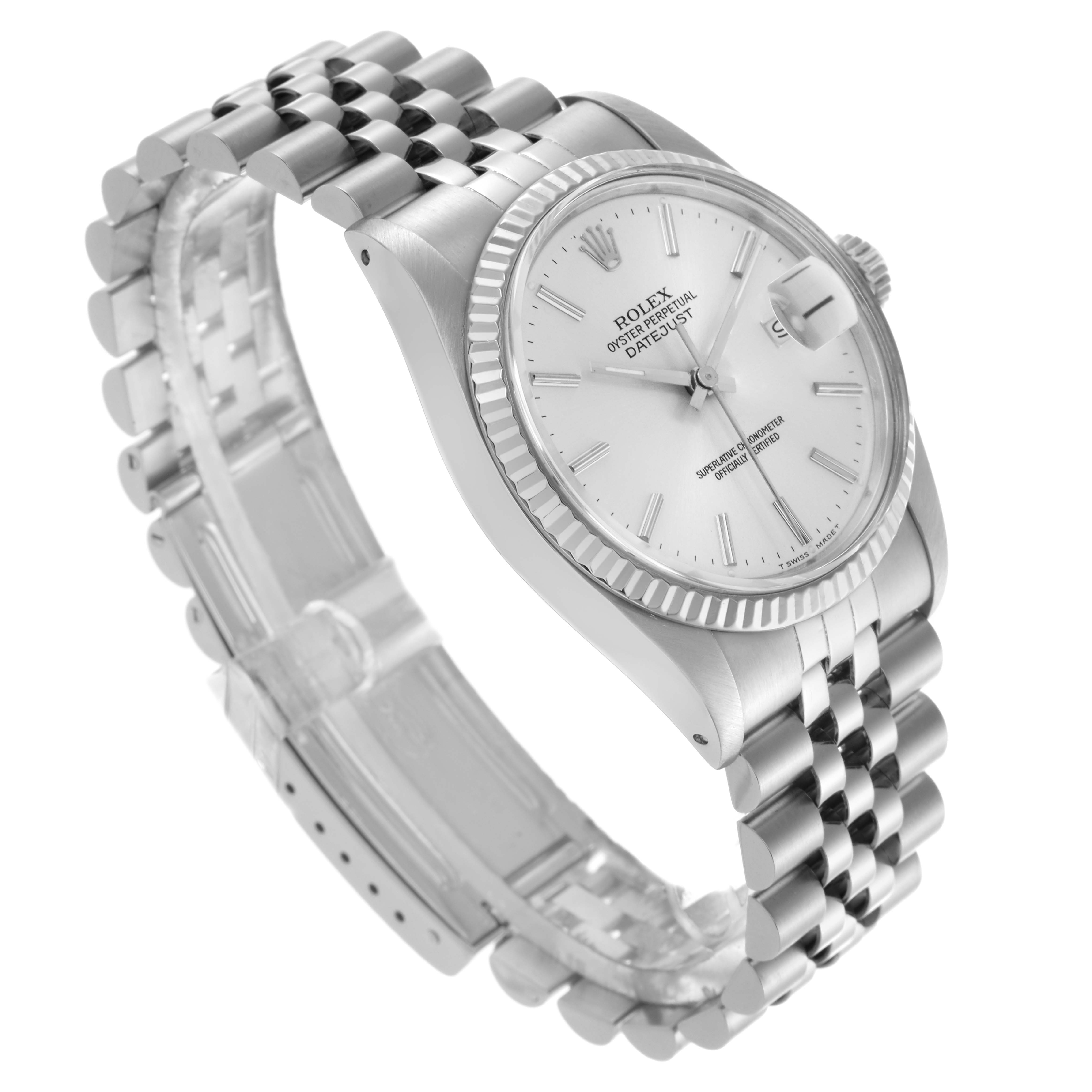 The Rolex Datejust 16014 Men's Stainless Steel Silver Dial 16014 Men's Stainless Steel Silver Dial watch is shown at a slight angle, displaying the face, bezel, crown, and jubilee bracelet.