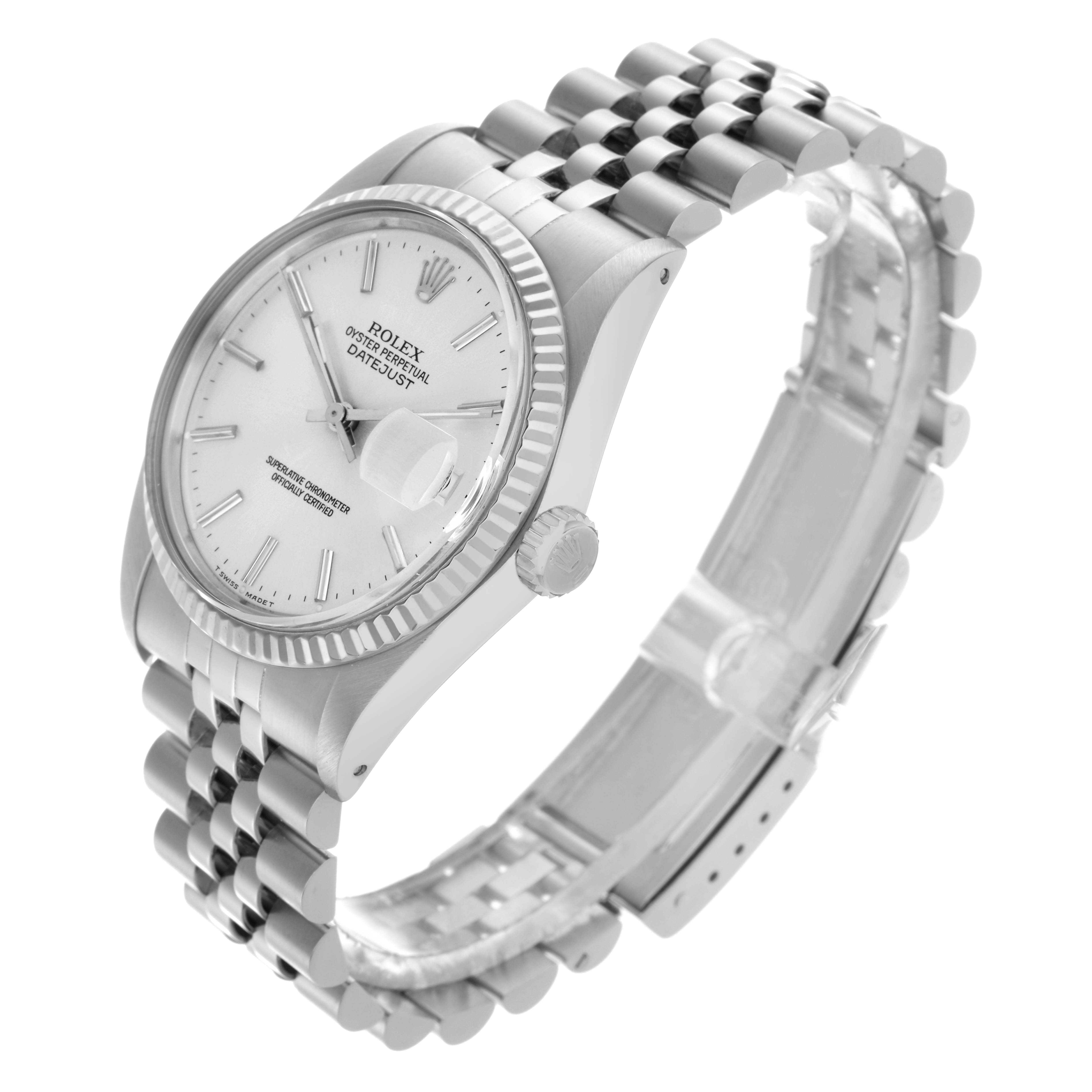 The Rolex Datejust 16014 Men's Stainless Steel Silver Dial 16014 Men's Stainless Steel Silver Dial watch is shown at an angle highlighting the fluted bezel, dial, crown, and Jubilee bracelet.
