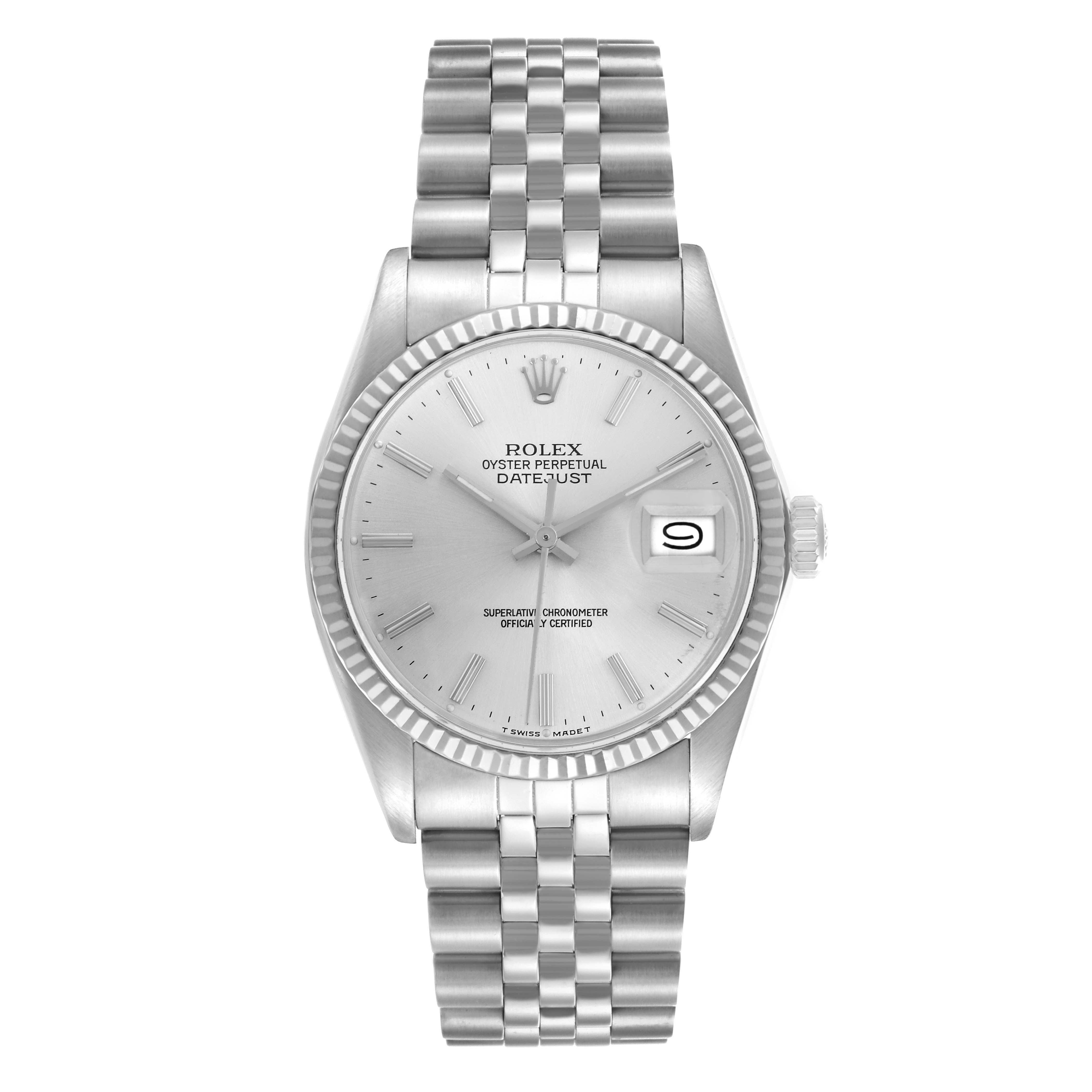 The Rolex Datejust 16014 Men's Stainless Steel Silver Dial 16014 Men's Stainless Steel Silver Dial watch is shown from the front, highlighting the dial, hands, bezel, and bracelet.