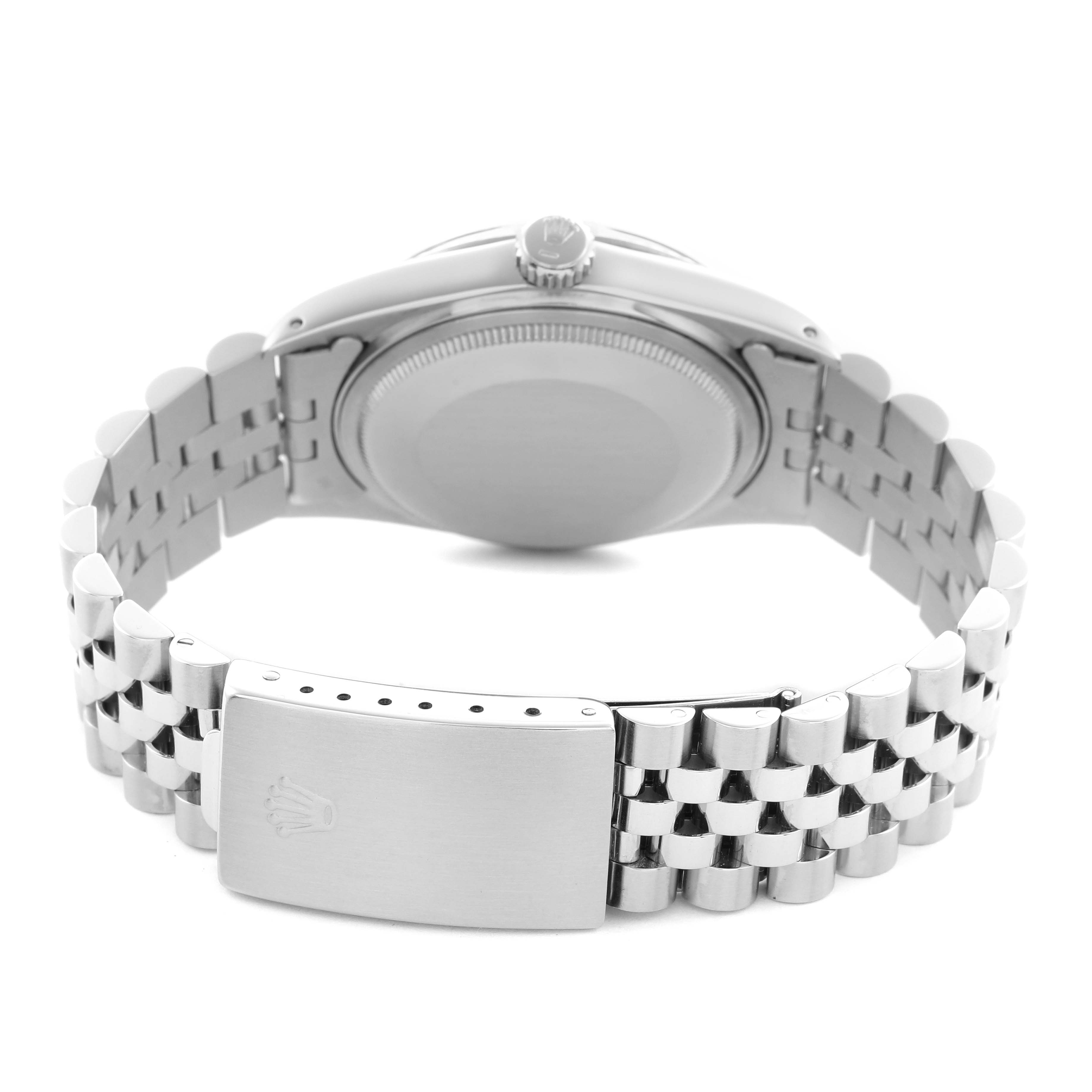 The image shows the back view of a Rolex Datejust 16014 Men's Stainless Steel Silver Dial 16014 Men's Stainless Steel Silver Dial, focusing on the bracelet and clasp.