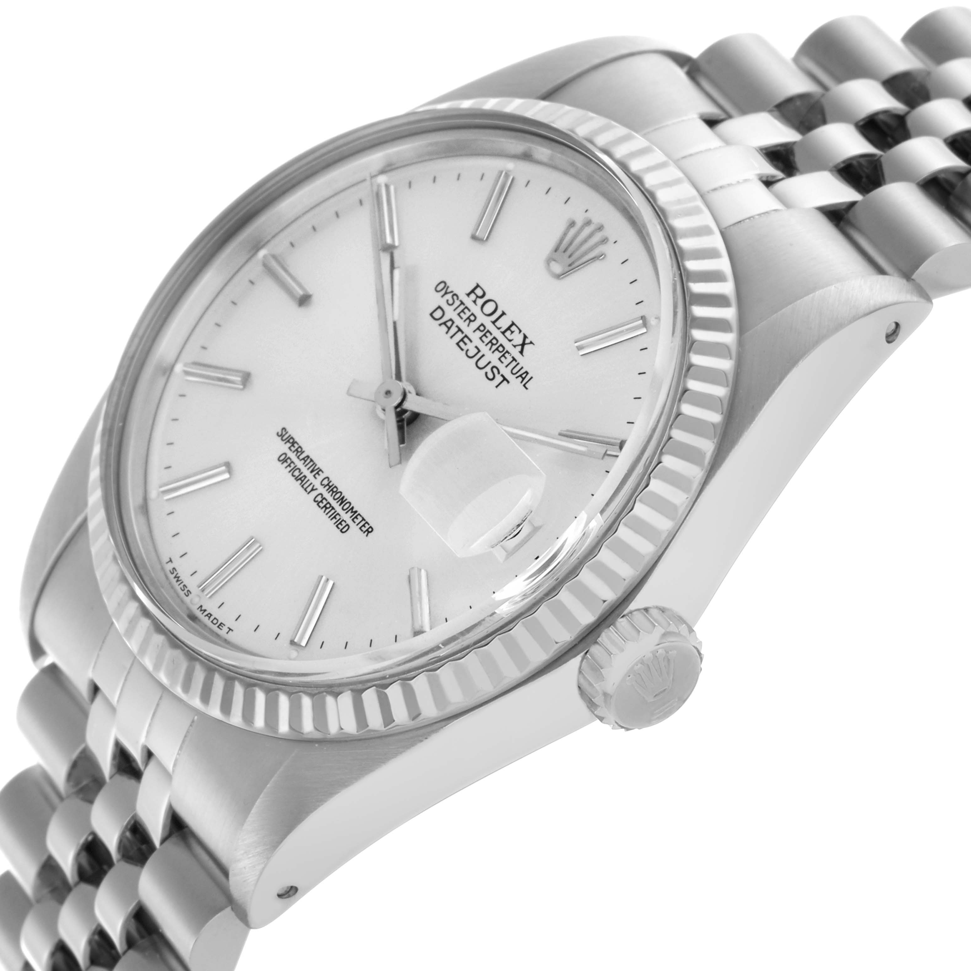 The Rolex Datejust 16014 Men's Stainless Steel Silver Dial 16014 Men's Stainless Steel Silver Dial watch is shown at a side angle, highlighting the dial, bezel, case, crown, and part of the bracelet.