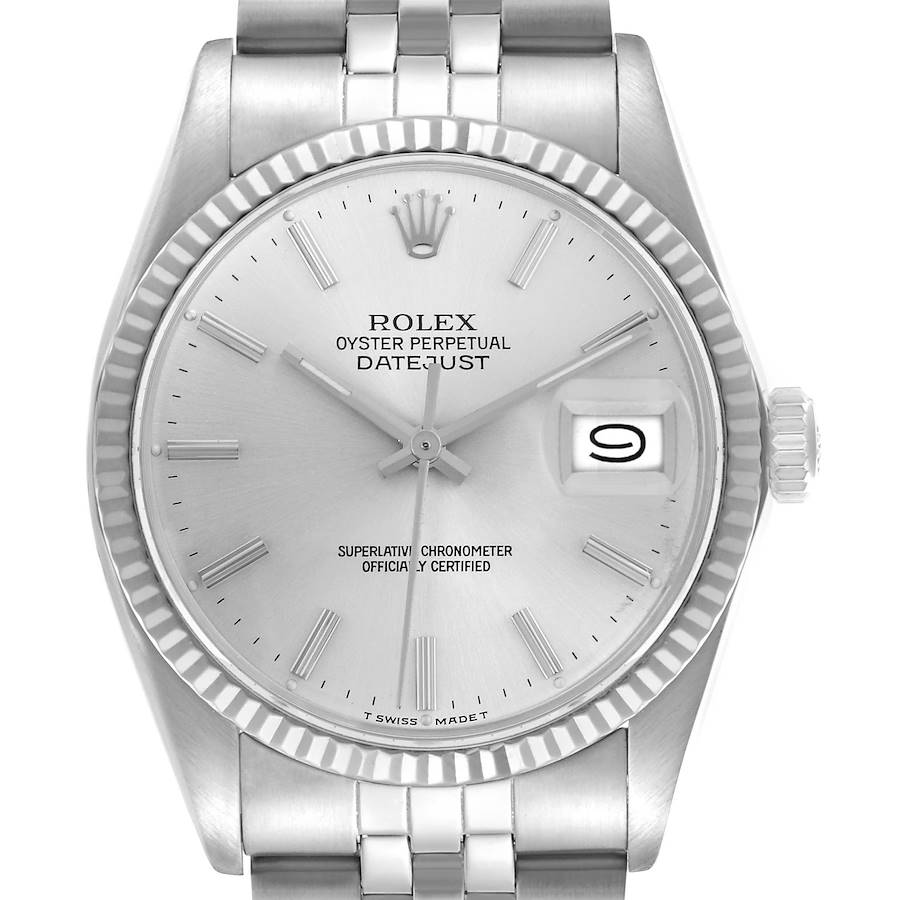 The Rolex Datejust watch is shown from a direct front angle, highlighting its dial, bezel, and part of the bracelet.
