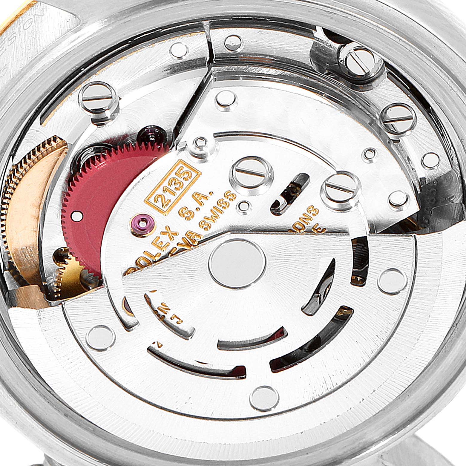 This image shows a close-up view of the movement mechanism inside a Rolex Datejust 69173 Women's Steel and Gold (two tone) Blue Dial 69173 Women's Steel and Gold (two tone) Blue Dial watch.
