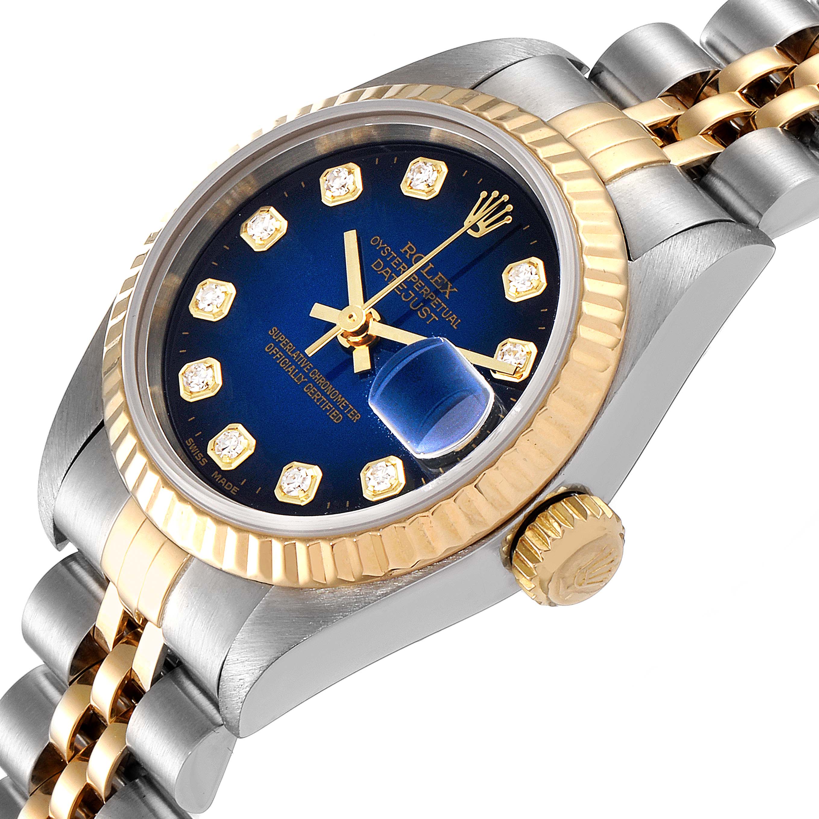 This image shows a Rolex Datejust 79173 Women's Steel and Gold (two tone) Blue Dial 79173 Women's Steel and Gold (two tone) Blue Dial watch angled from the side, displaying the blue dial, fluted bezel, and part of the bracelet.
