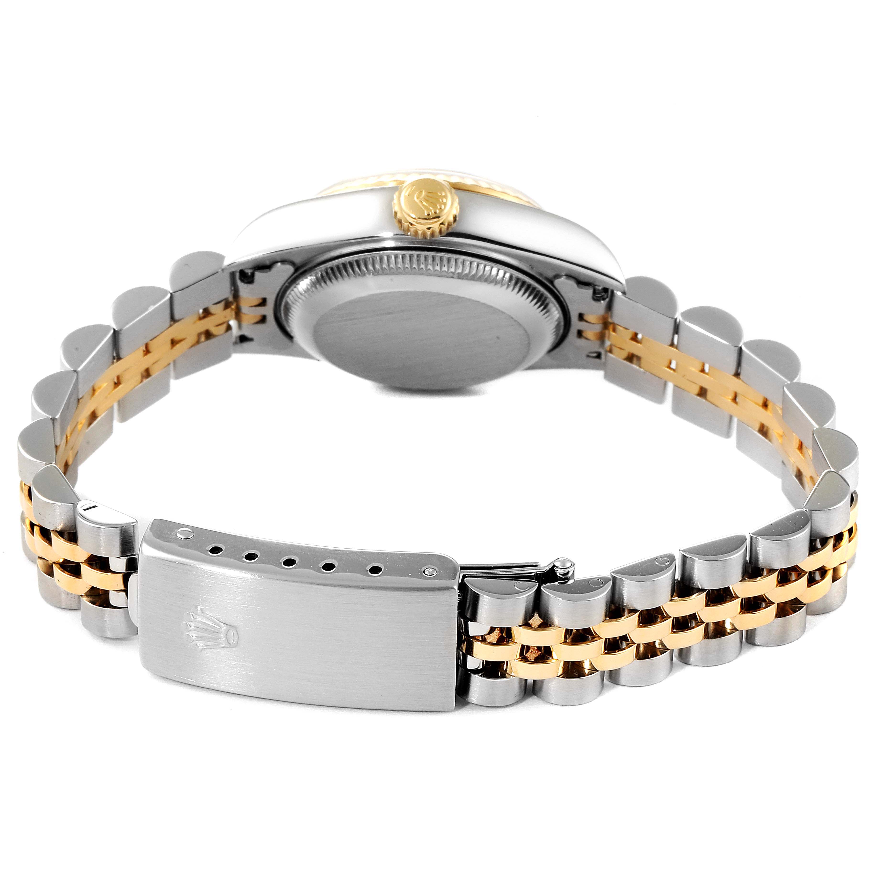 This image shows the back and side profile of the Rolex Datejust 79173 Women's Steel and Gold (two tone) Blue Dial 79173 Women's Steel and Gold (two tone) Blue Dial watch, highlighting its bracelet and crown.