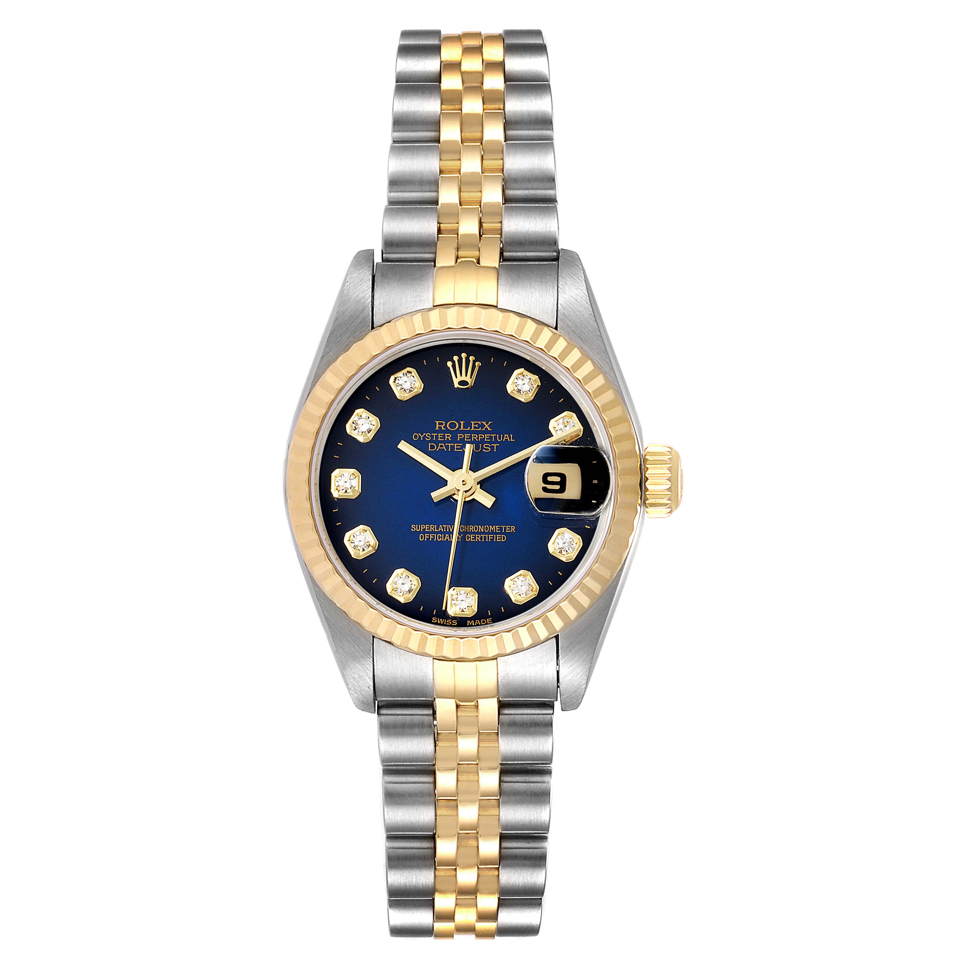 This image shows a Rolex Datejust 79173 Women's Steel and Gold (two tone) Blue Dial 79173 Women's Steel and Gold (two tone) Blue Dial watch from the front, highlighting its two-tone bracelet, blue dial, diamond hour markers, and date display.