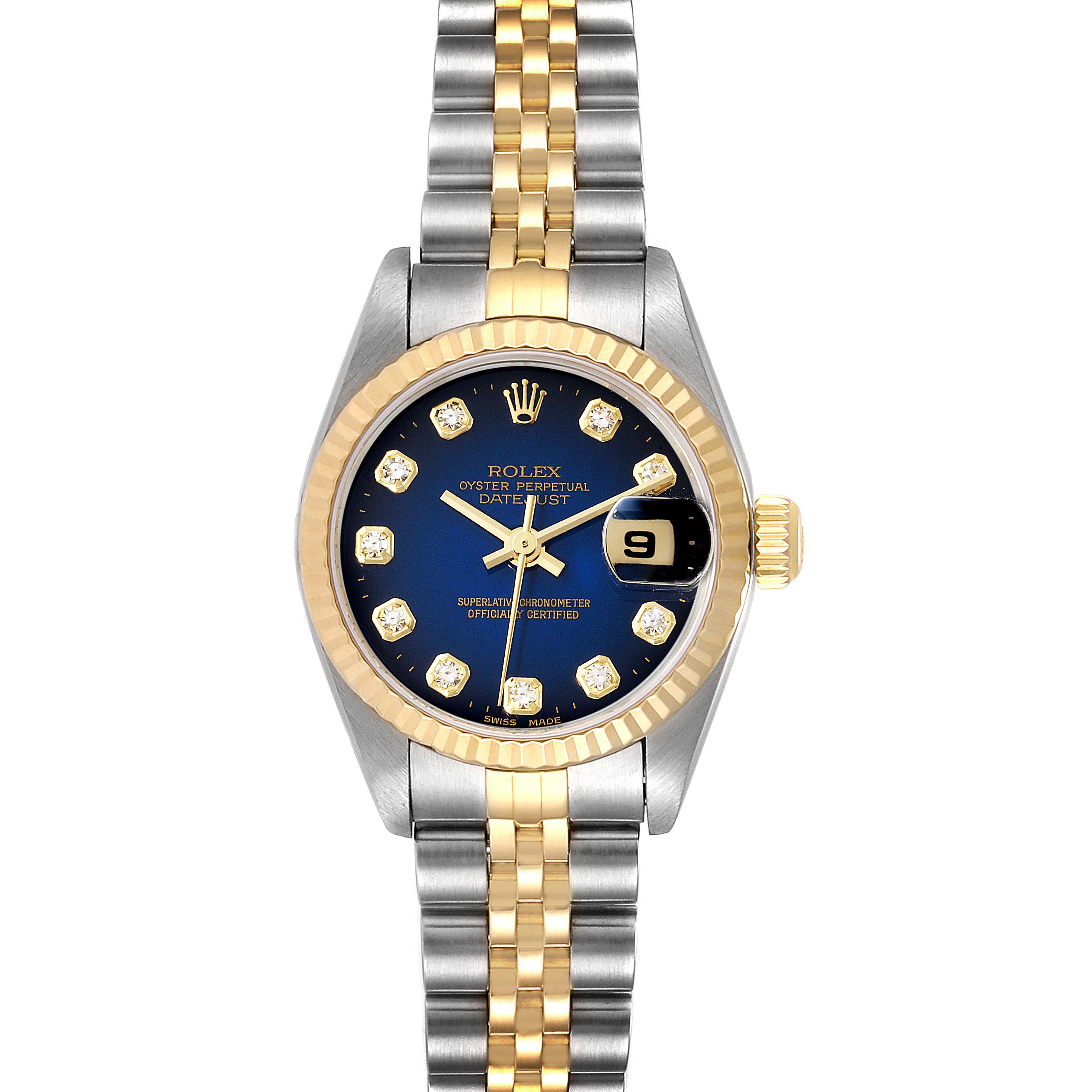 This image shows the front view of a Rolex Datejust 79173 Women's Steel and Gold (two tone) Blue Dial 79173 Women's Steel and Gold (two tone) Blue Dial watch, highlighting the dial, bezel, and bracelet.