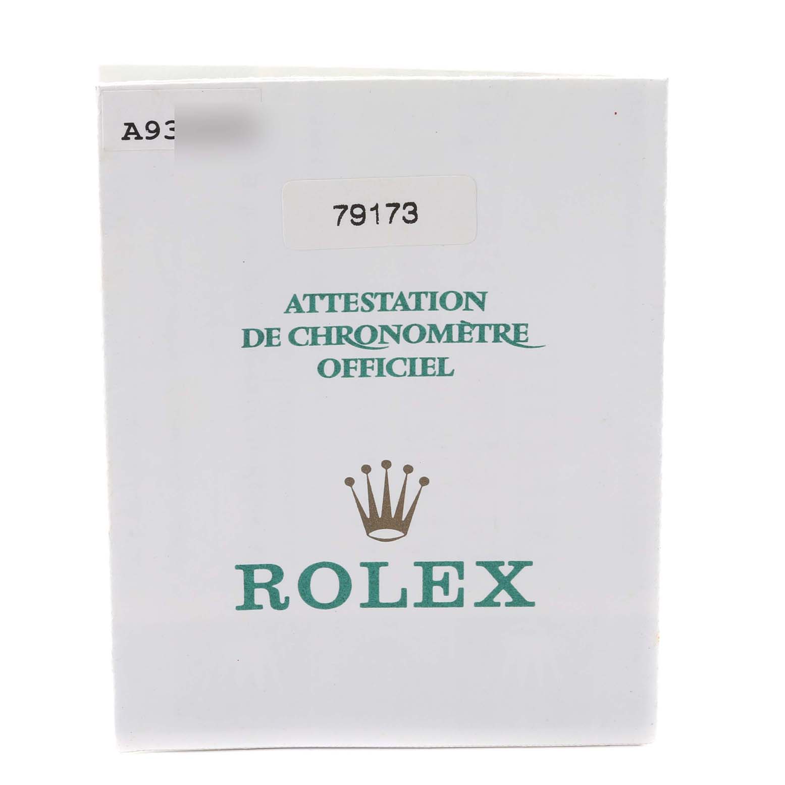 The image shows a front view of a certification cardholder for a Rolex Datejust 79173 Women's Steel and Gold (two tone) Champagne Dial 79173 Women's Steel and Gold (two tone) Champagne Dial watch, displaying the brand logo and model number.