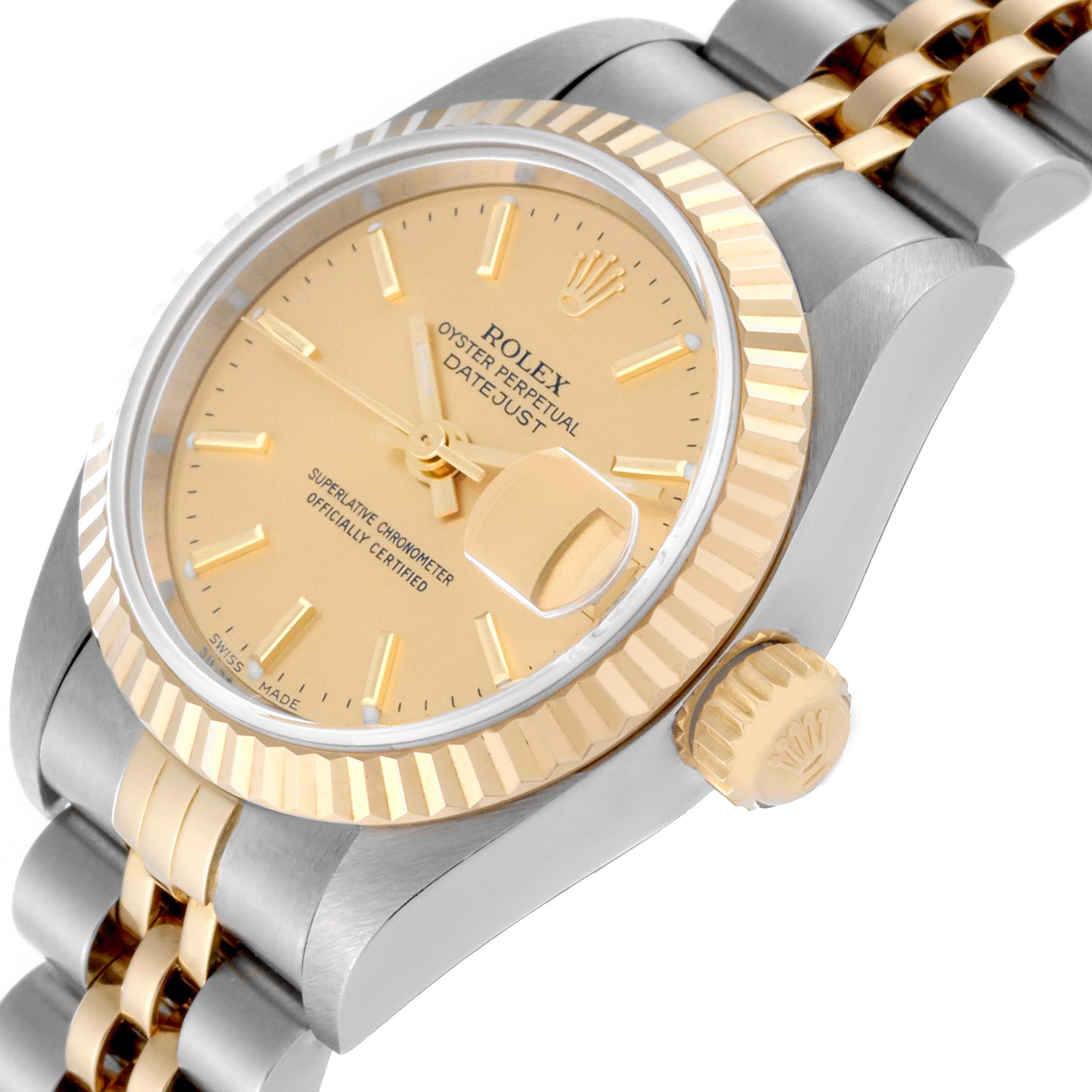 The angled view shows the face, bezel, crown, and part of the bracelet of the Rolex Datejust 79173 Women's Steel and Gold (two tone) Champagne Dial 79173 Women's Steel and Gold (two tone) Champagne Dial watch.
