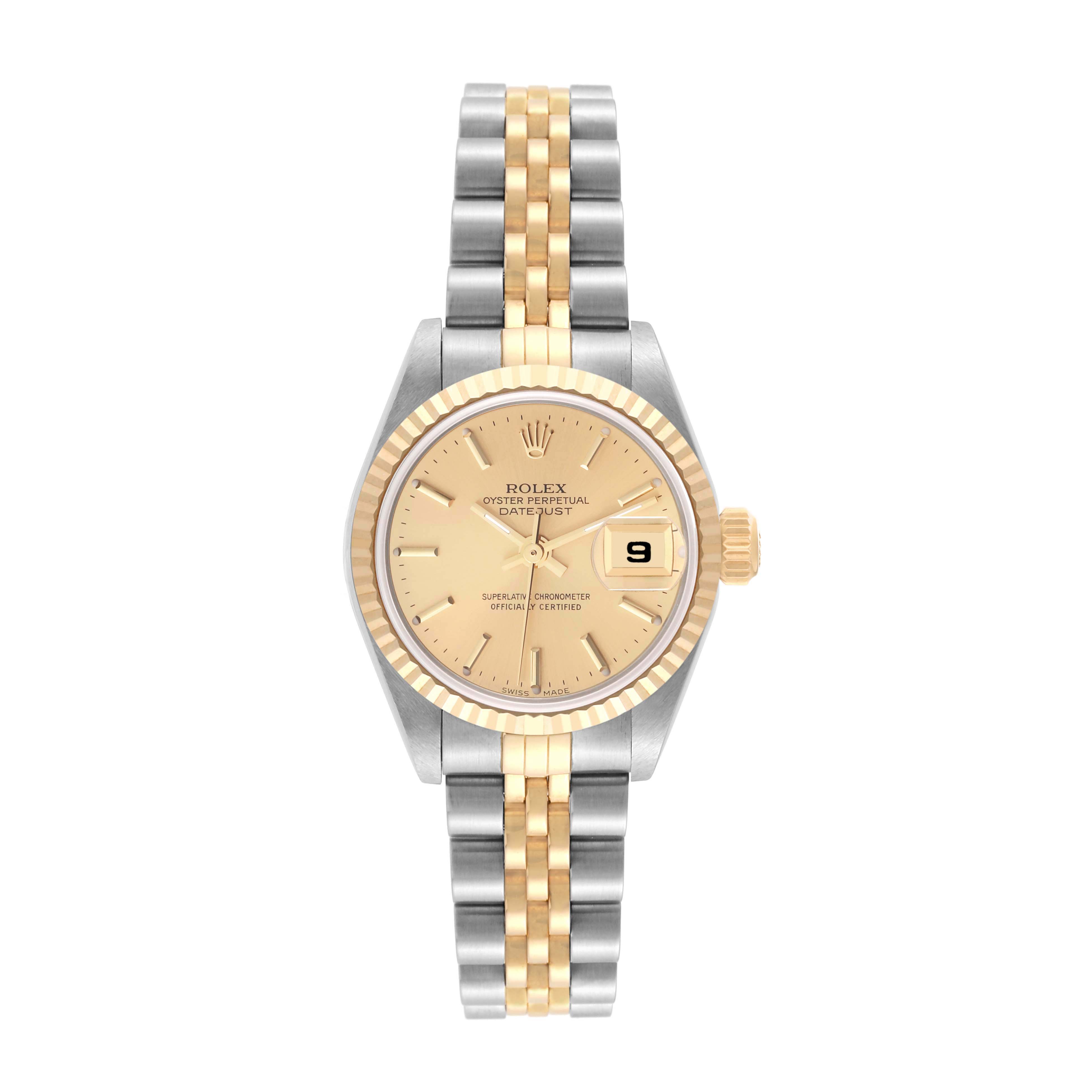 The image shows a Rolex Datejust 79173 Women's Steel and Gold (two tone) Champagne Dial 79173 Women's Steel and Gold (two tone) Champagne Dial watch from a top-down angle, highlighting the two-tone bracelet, dial, and date window.