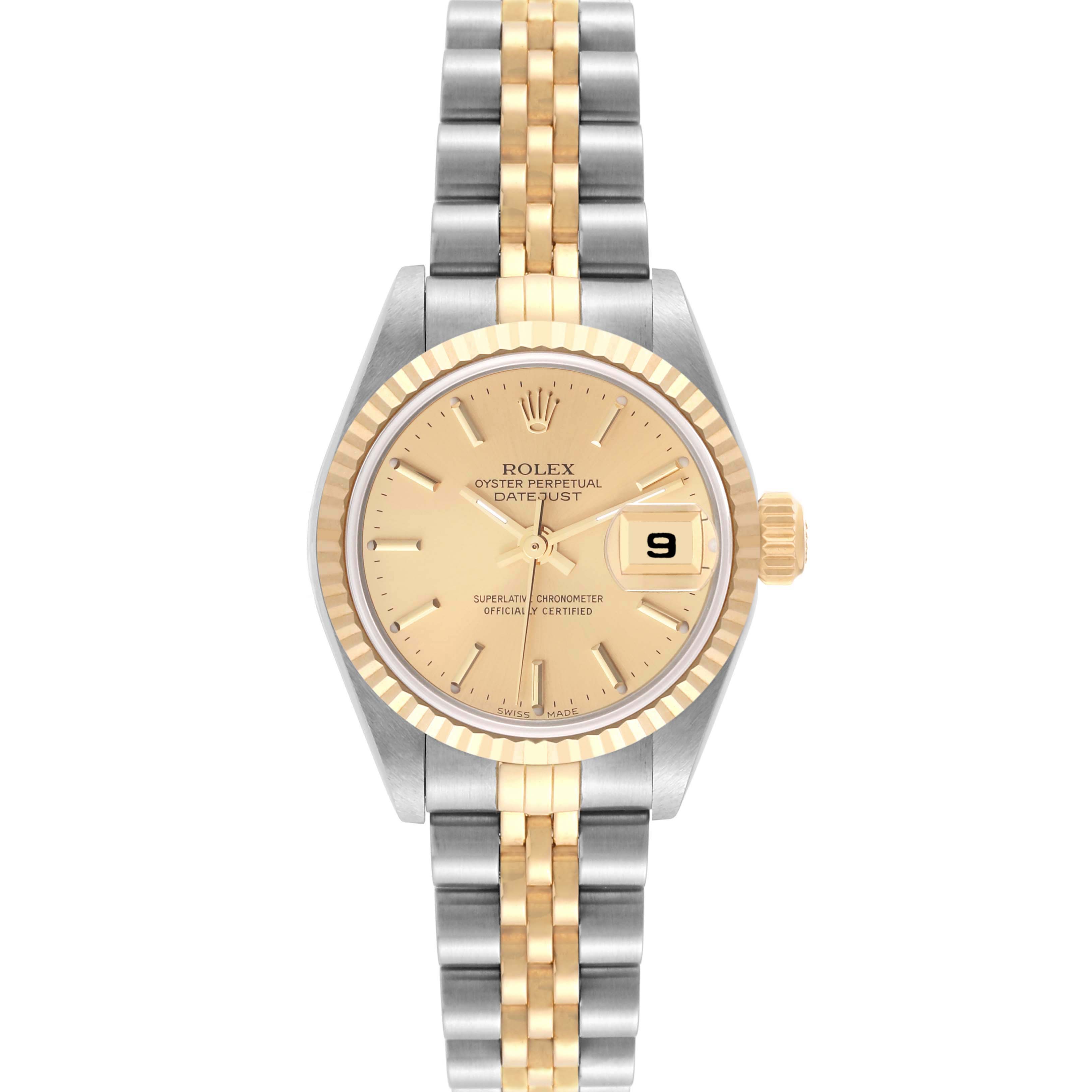 The image shows a front view of a Rolex Datejust 79173 Women's Steel and Gold (two tone) Champagne Dial 79173 Women's Steel and Gold (two tone) Champagne Dial watch, displaying the face, bezel, and two-tone bracelet.