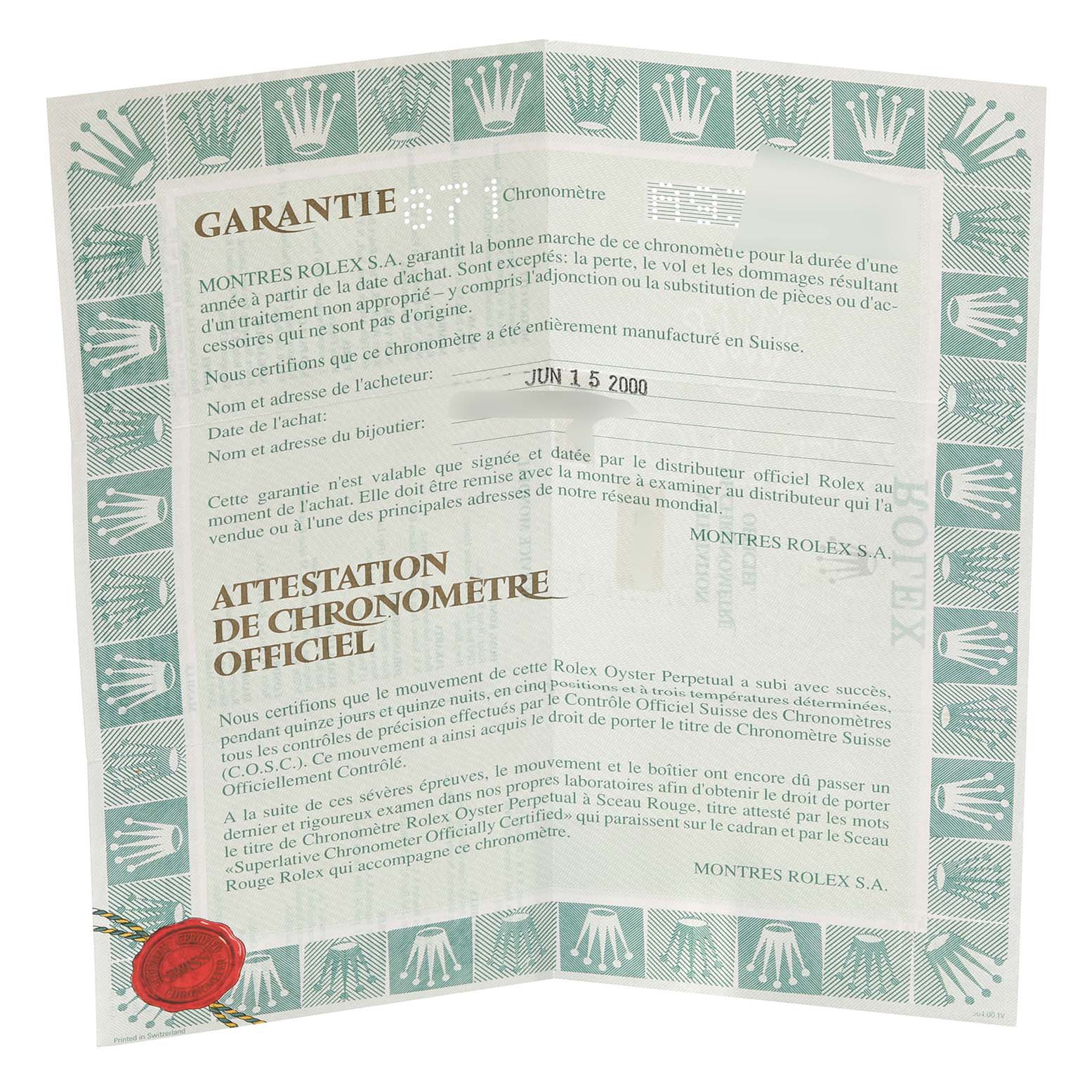 The image shows a Rolex Datejust 79173 Women's Steel and Gold (two tone) Champagne Dial 79173 Women's Steel and Gold (two tone) Champagne Dial warranty and chronometer certificate, dated June 15, 2000.