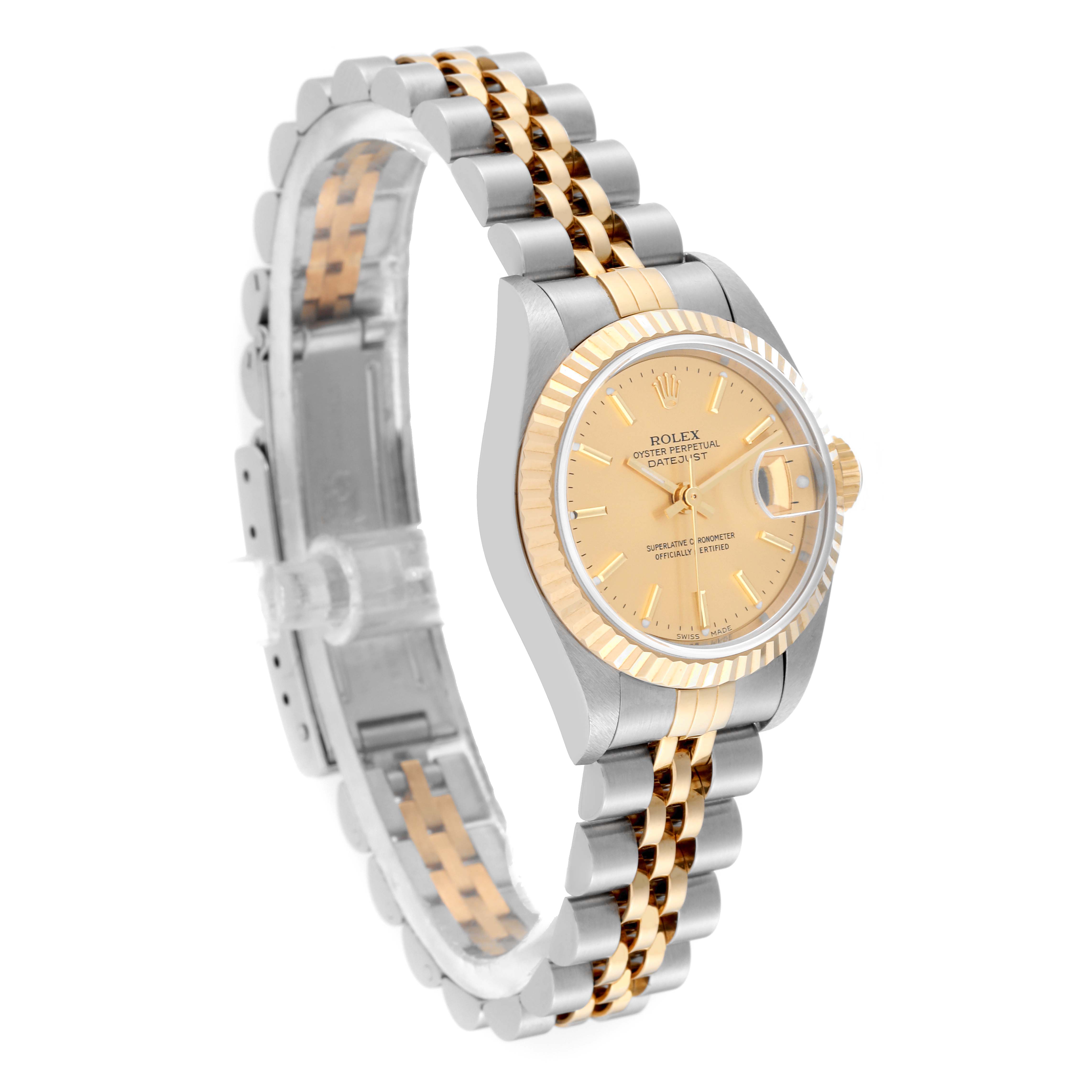 The Rolex Datejust 79173 Women's Steel and Gold (two tone) Champagne Dial 79173 Women's Steel and Gold (two tone) Champagne Dial watch is shown at a side angle, displaying its dial, fluted bezel, and two-tone bracelet.