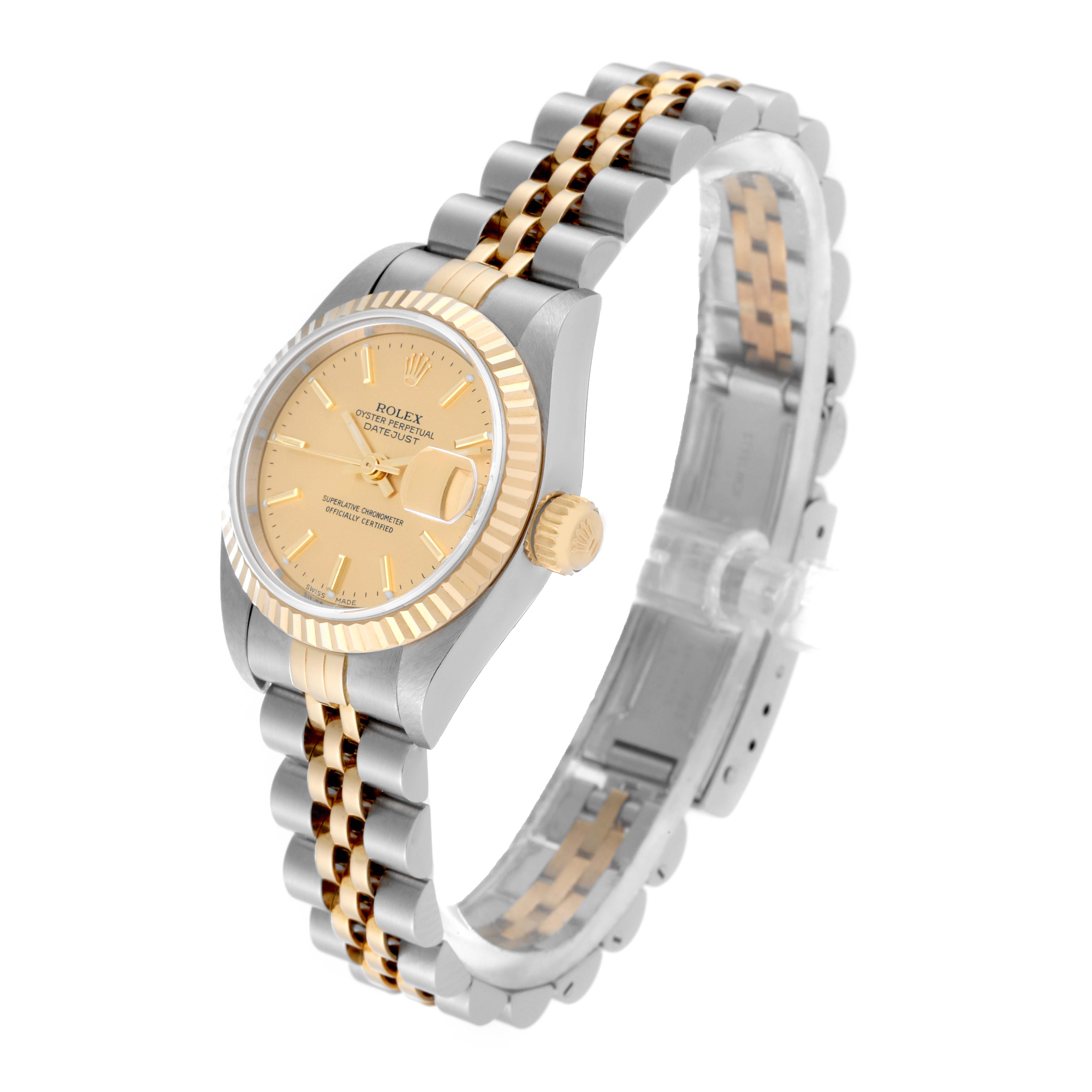 The image shows a Rolex Datejust 79173 Women's Steel and Gold (two tone) Champagne Dial 79173 Women's Steel and Gold (two tone) Champagne Dial watch at a slight angle, highlighting its face, bezel, crown, and two-tone bracelet.