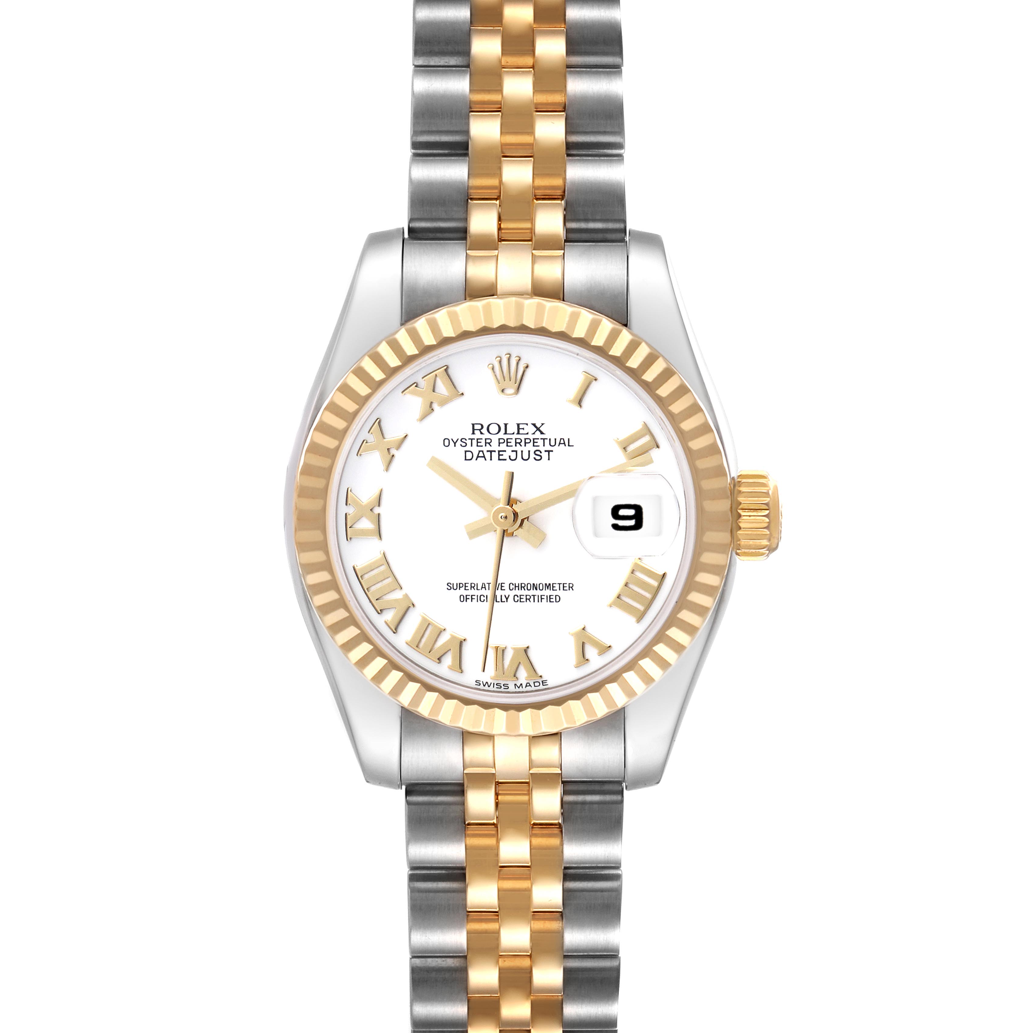 The Rolex Datejust 179173 Women's Steel and Gold (two tone) White Dial 179173 Women's Steel and Gold (two tone) White Dial watch is shown from a top view, highlighting the dial, bezel, bracelet, and case.