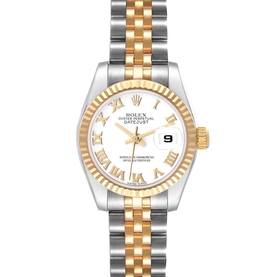 The Rolex Datejust watch is shown from a top view, highlighting the dial, bezel, bracelet, and case.