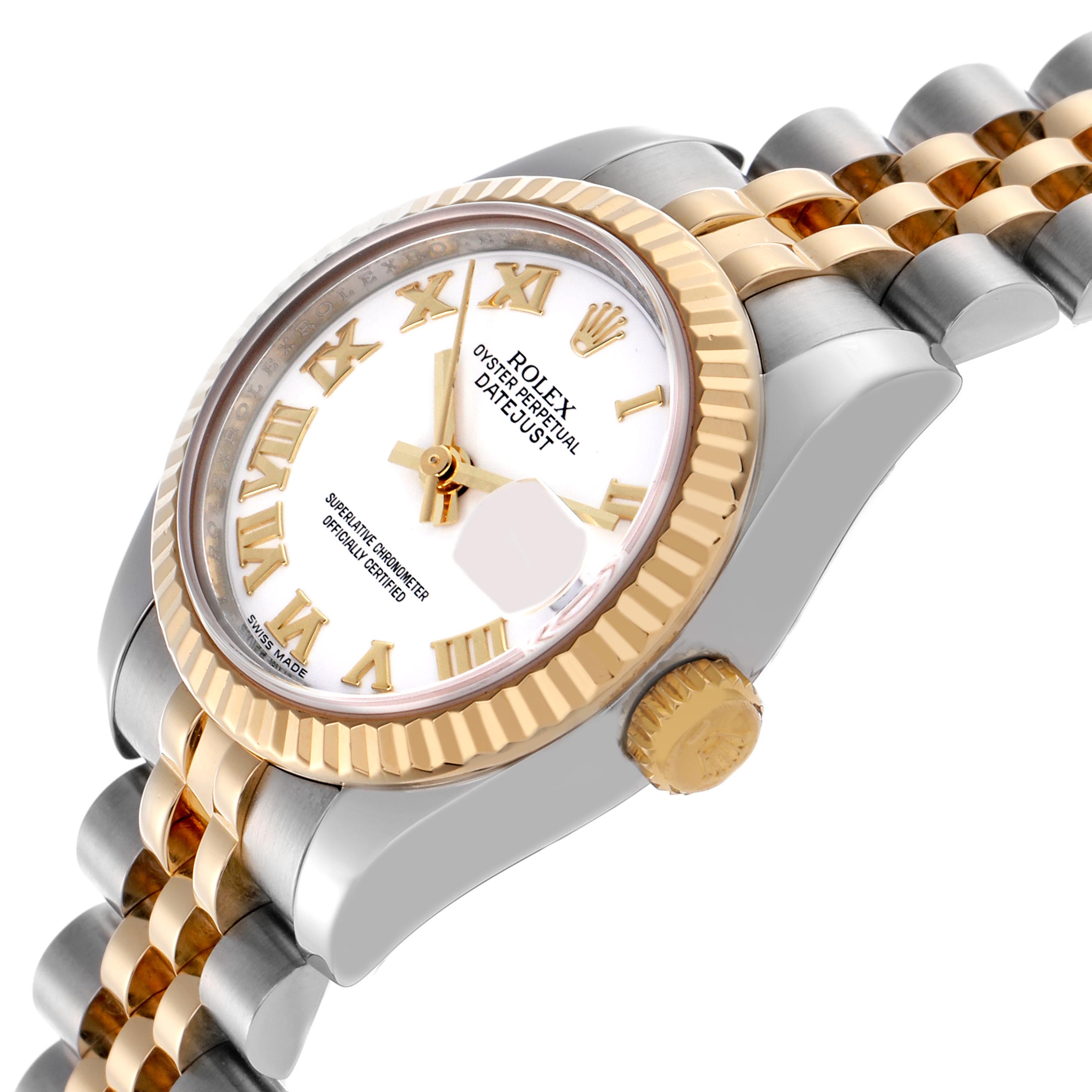 The Rolex Datejust 179173 Women's Steel and Gold (two tone) White Dial 179173 Women's Steel and Gold (two tone) White Dial watch is shown at an angle highlighting the bezel, crown, dial, and two-tone bracelet.