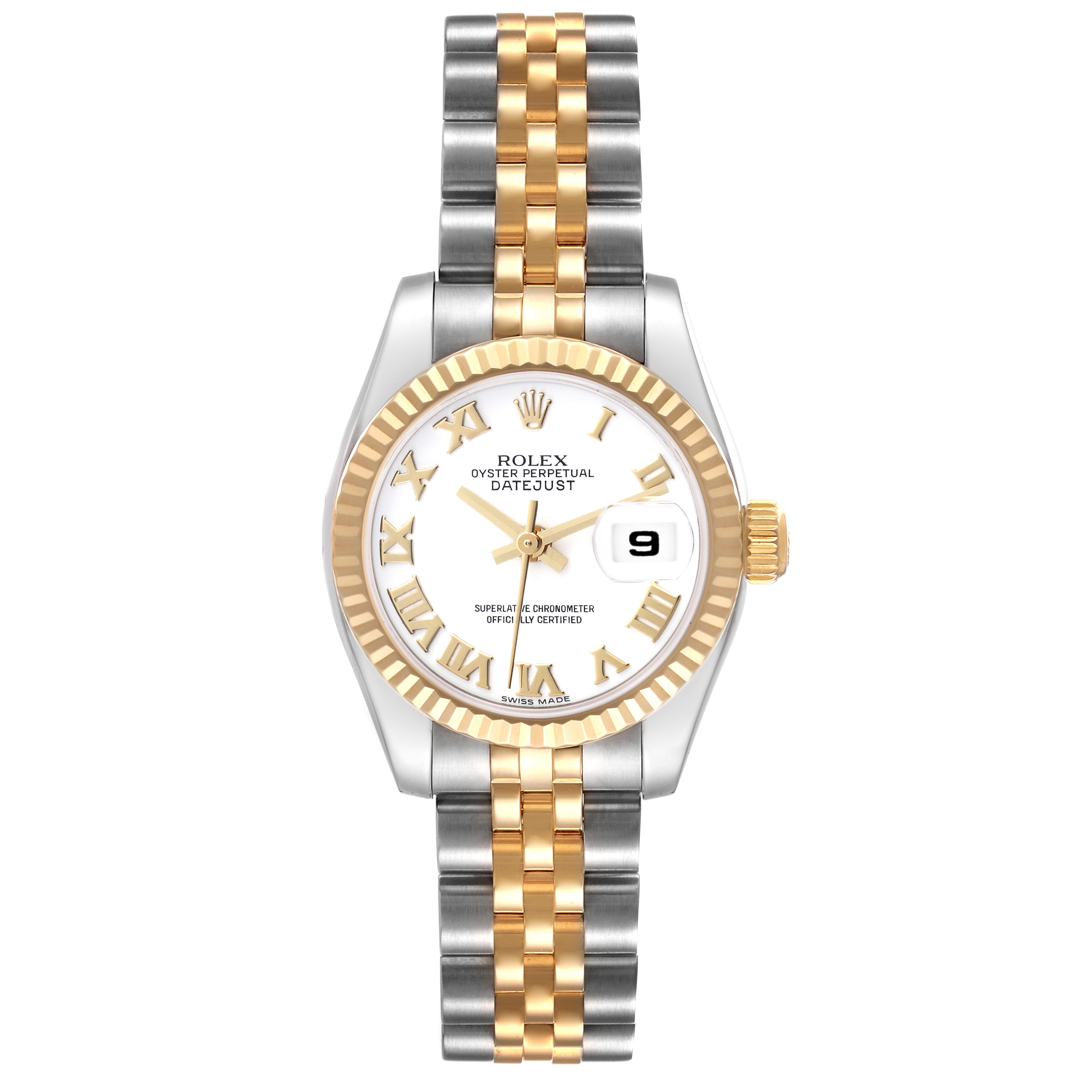 The Rolex Datejust 179173 Women's Steel and Gold (two tone) White Dial 179173 Women's Steel and Gold (two tone) White Dial watch is shown from a top-down angle, highlighting its dial, bezel, and two-tone bracelet.