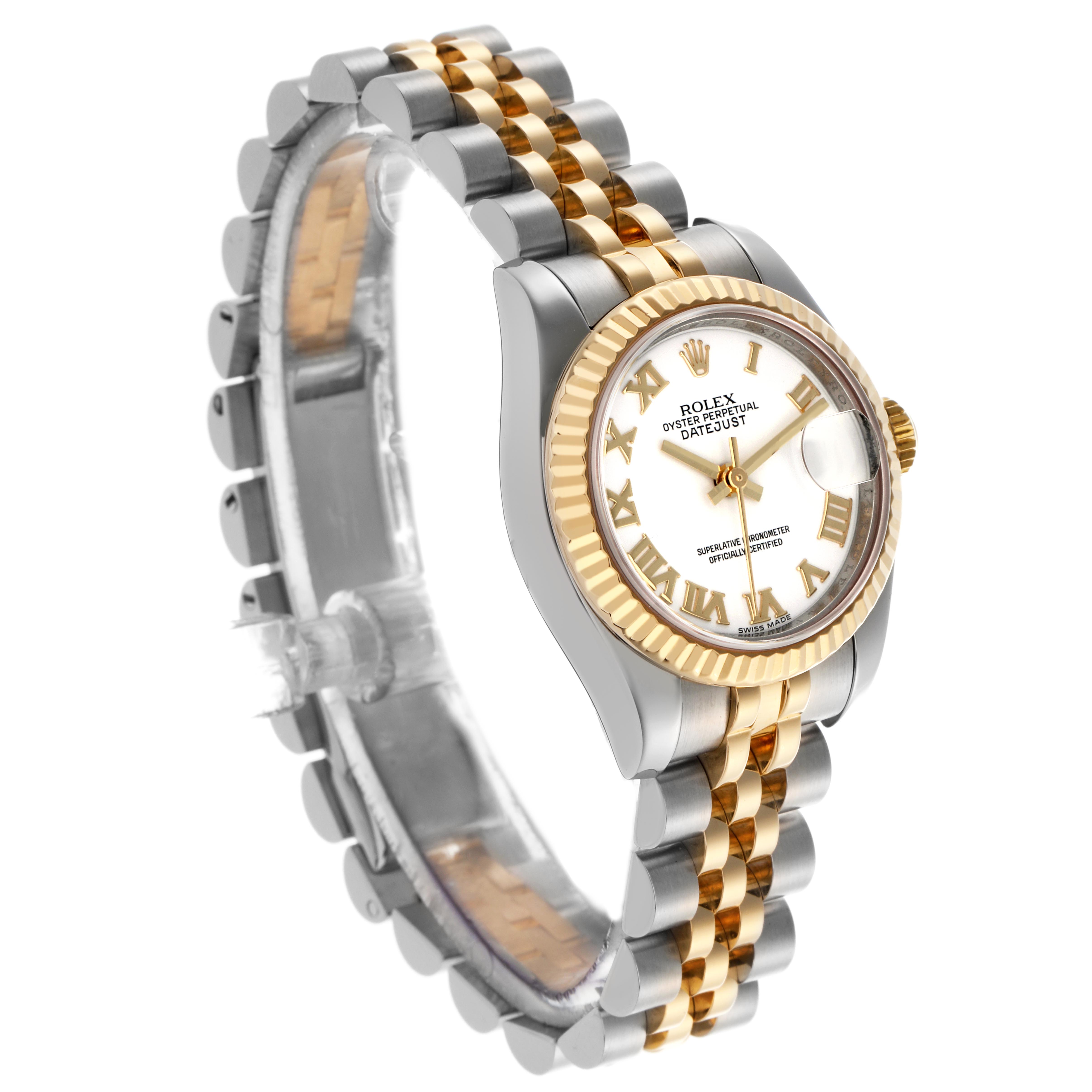 The Rolex Datejust 179173 Women's Steel and Gold (two tone) White Dial 179173 Women's Steel and Gold (two tone) White Dial watch is shown at an angled side view, highlighting the case, bezel, dial, and bracelet.