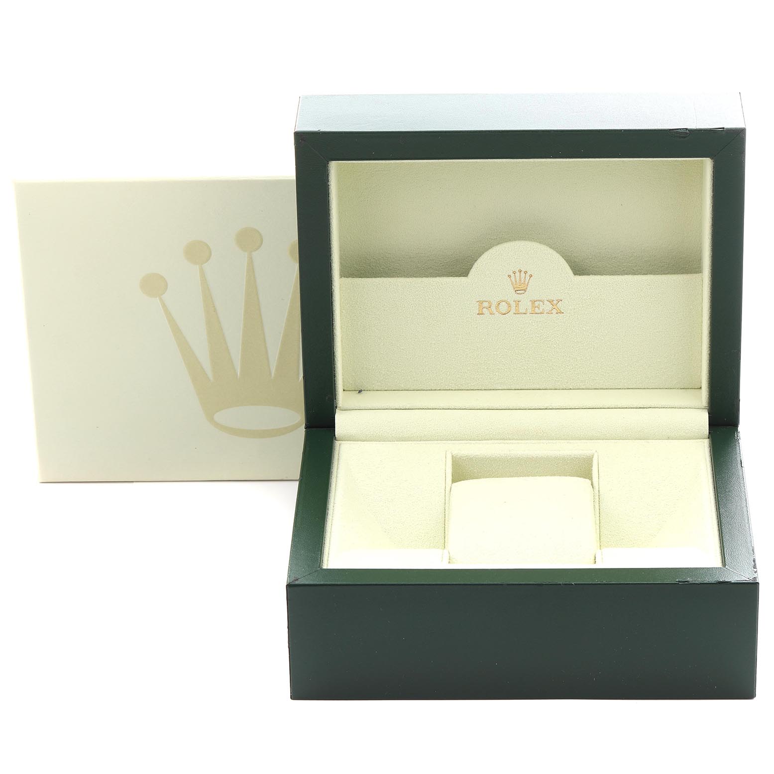 The image shows a Rolex Datejust 179173 Women's Steel and Gold (two tone) White Dial 179173 Women's Steel and Gold (two tone) White Dial watch box from the front, displaying its interior and outer cover.