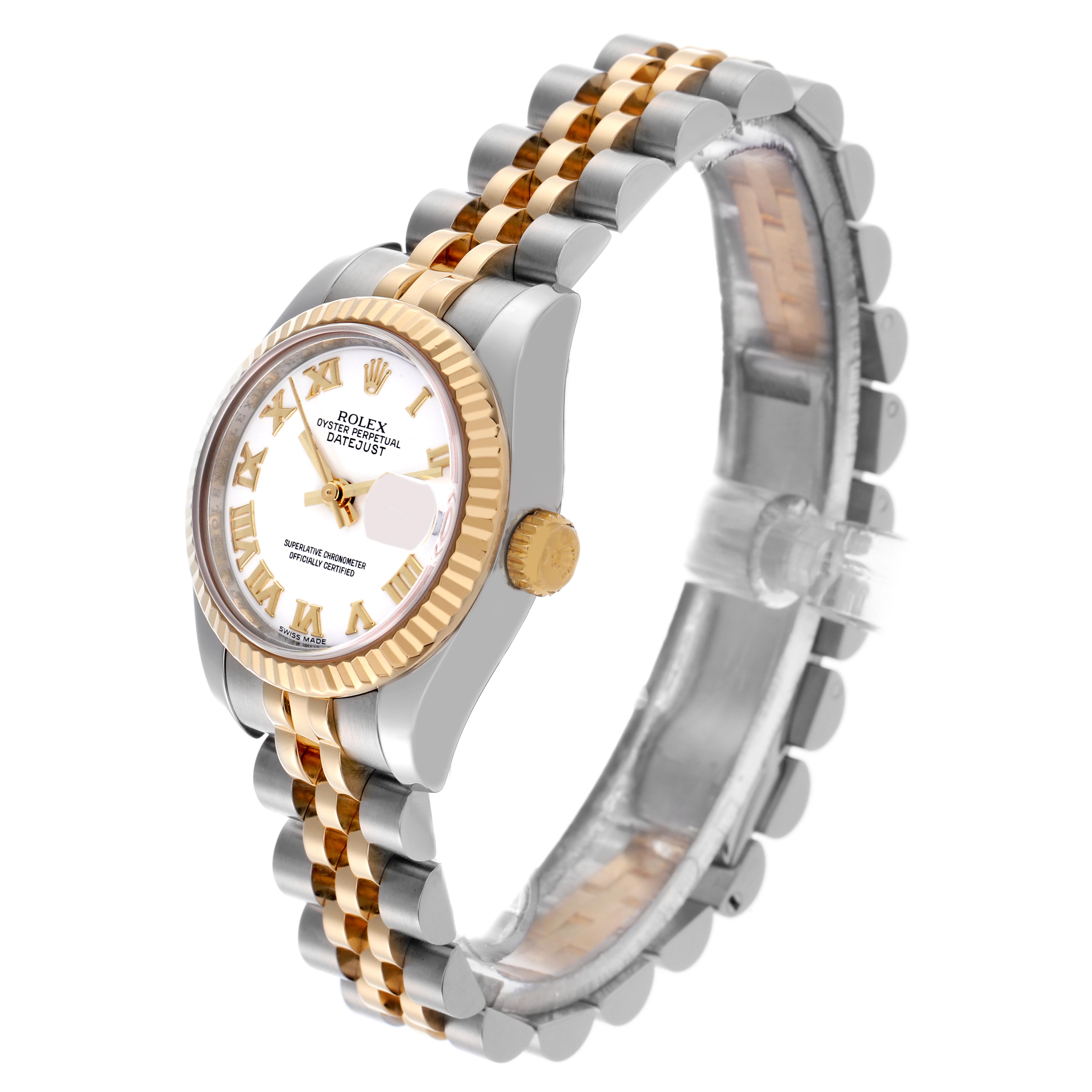 The Rolex Datejust 179173 Women's Steel and Gold (two tone) White Dial 179173 Women's Steel and Gold (two tone) White Dial watch is shown at a three-quarter angle, highlighting the face, bezel, and bracelet.