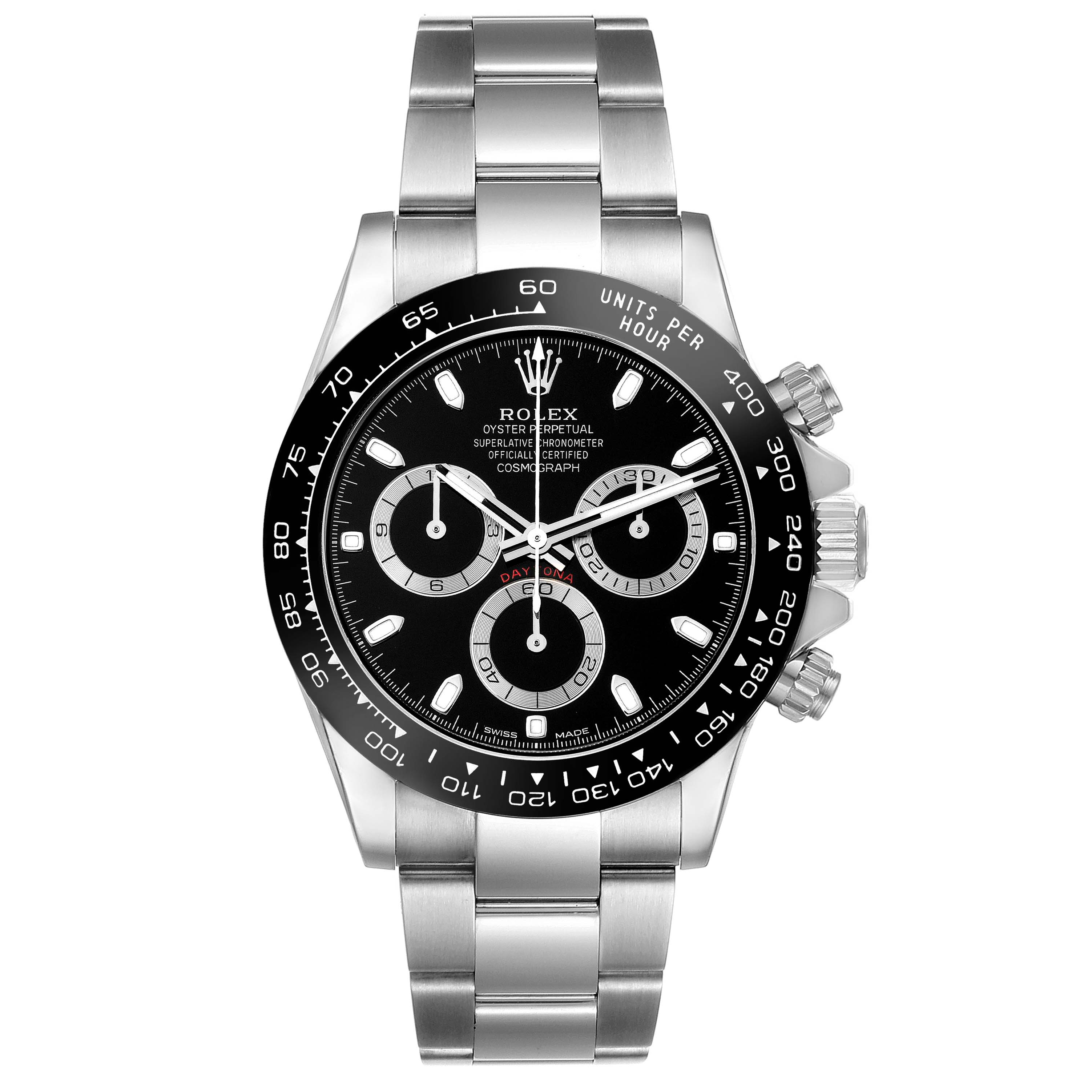 The image shows a front view of the Rolex Daytona 116500 Men's Stainless Steel Black Dial 116500 Men's Stainless Steel Black Dial watch, highlighting the dial, bezel, and metal bracelet.