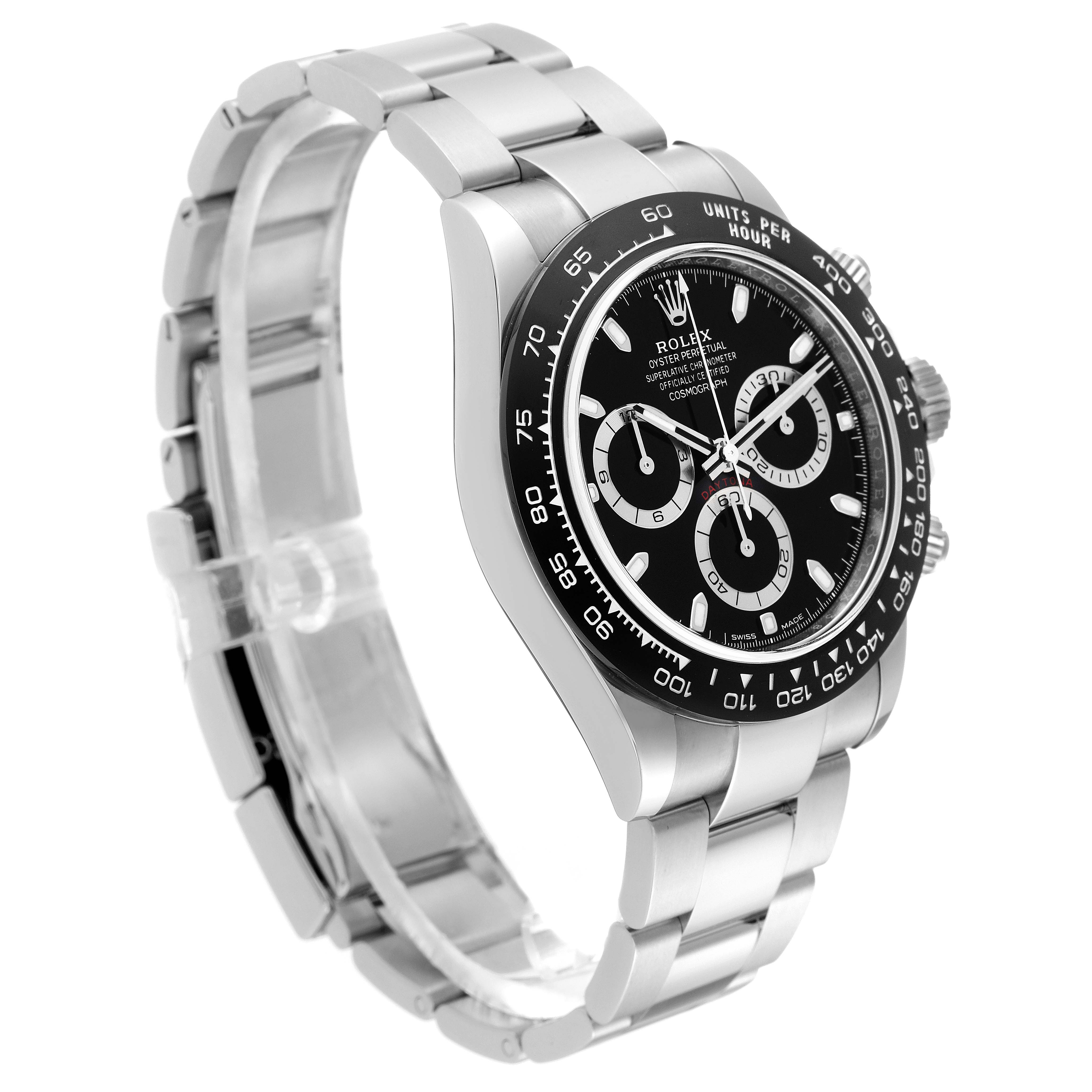 The image shows a side angle of a Rolex Daytona 116500 Men's Stainless Steel Black Dial 116500 Men's Stainless Steel Black Dial watch, displaying the bezel, dial, chronograph subdials, and bracelet.