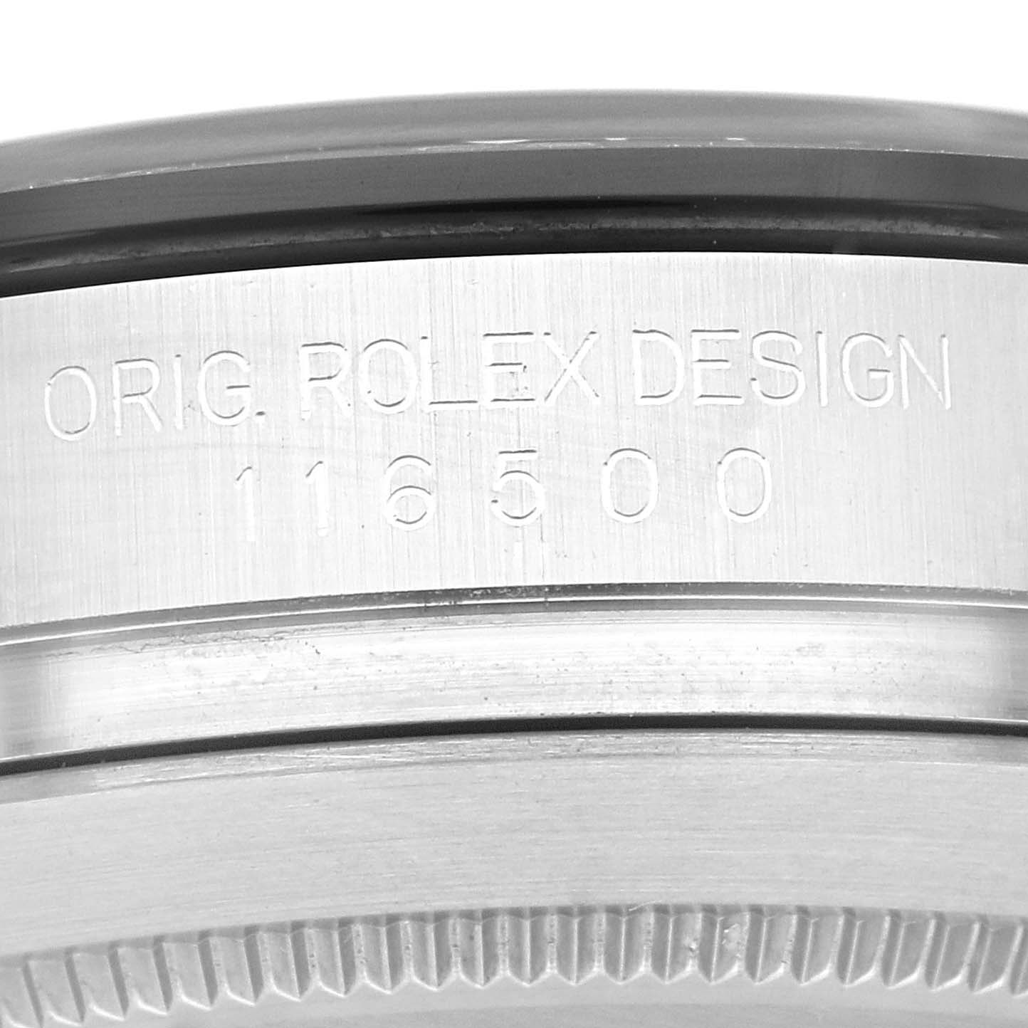 This close-up image shows the engraved case side of a Rolex Daytona 116500 Men's Stainless Steel Black Dial 116500 Men's Stainless Steel Black Dial watch, displaying "ORIG. ROLEX DESIGN 116500."