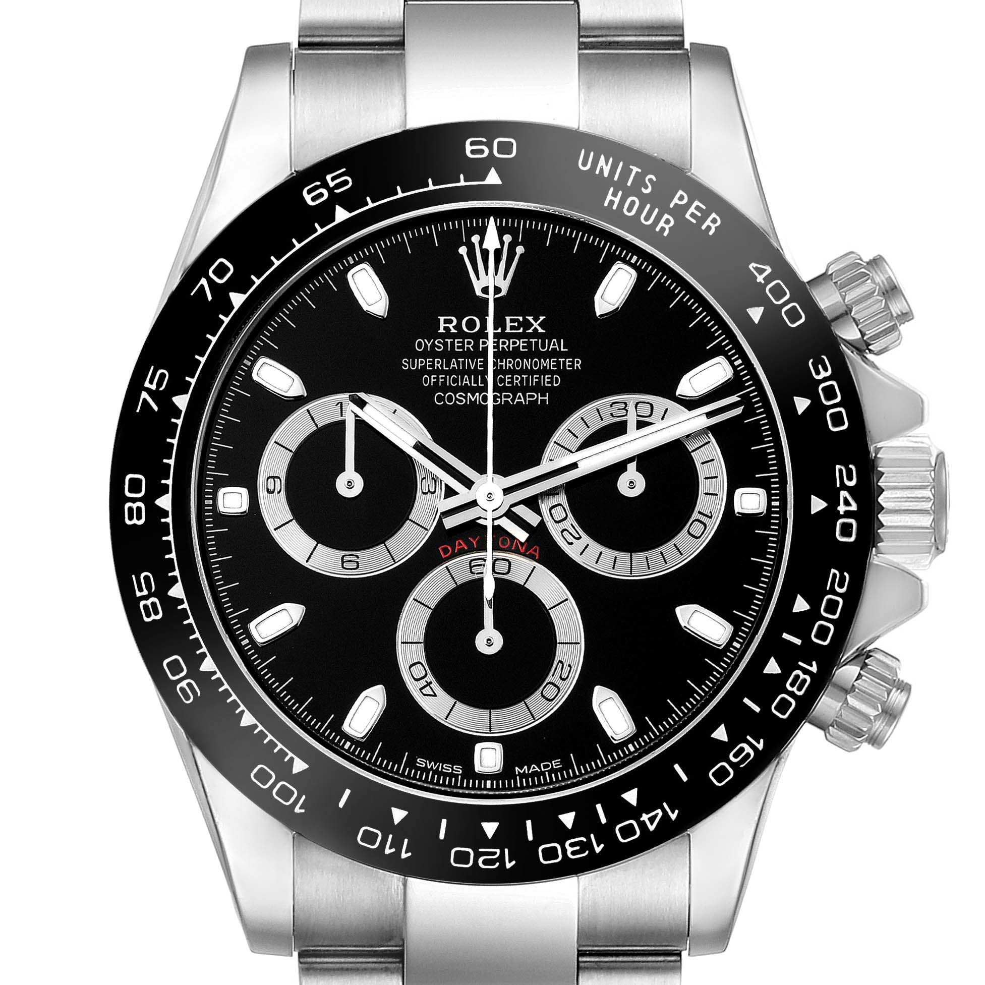 This image shows a front view of a Rolex Daytona 116500 Men's Stainless Steel Black Dial 116500 Men's Stainless Steel Black Dial watch, featuring its black dial, bezel, and chronograph subdials.