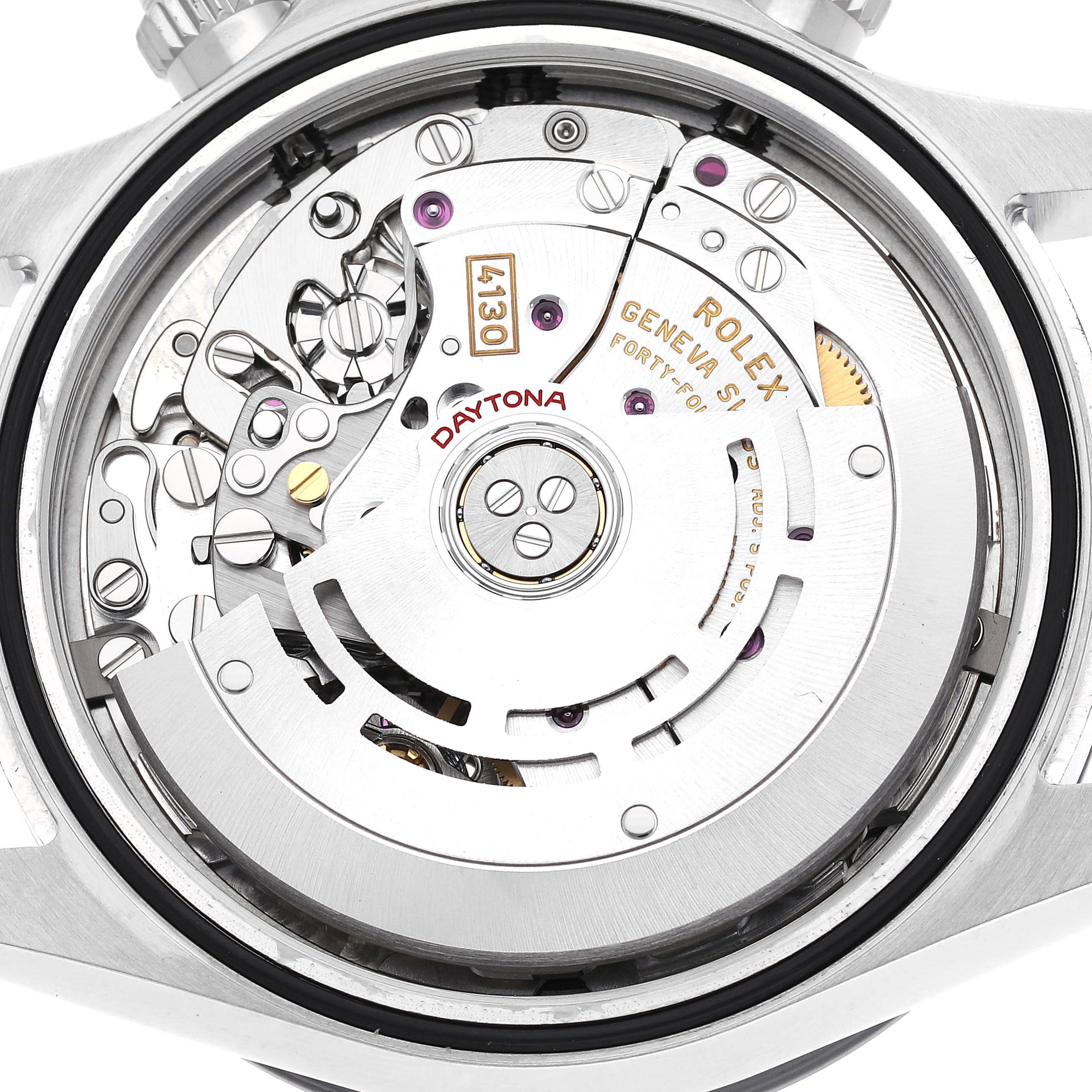 The image shows the back view of a Rolex Daytona 116500 Men's Stainless Steel Black Dial 116500 Men's Stainless Steel Black Dial watch with its intricate internal mechanisms exposed.
