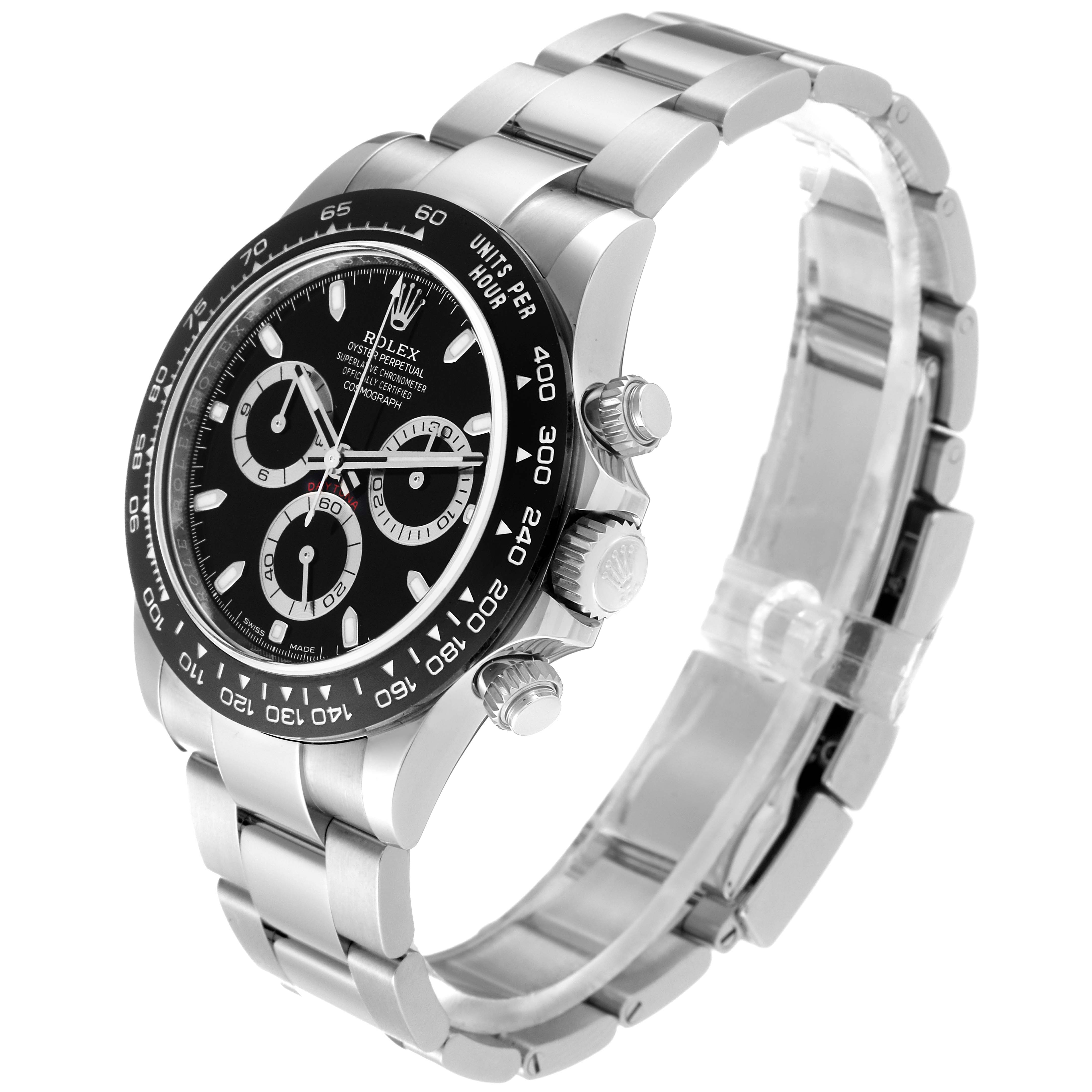 The image shows a Rolex Daytona 116500 Men's Stainless Steel Black Dial 116500 Men's Stainless Steel Black Dial watch at a 3/4 angle, highlighting the bracelet, dial, bezel, and crown.