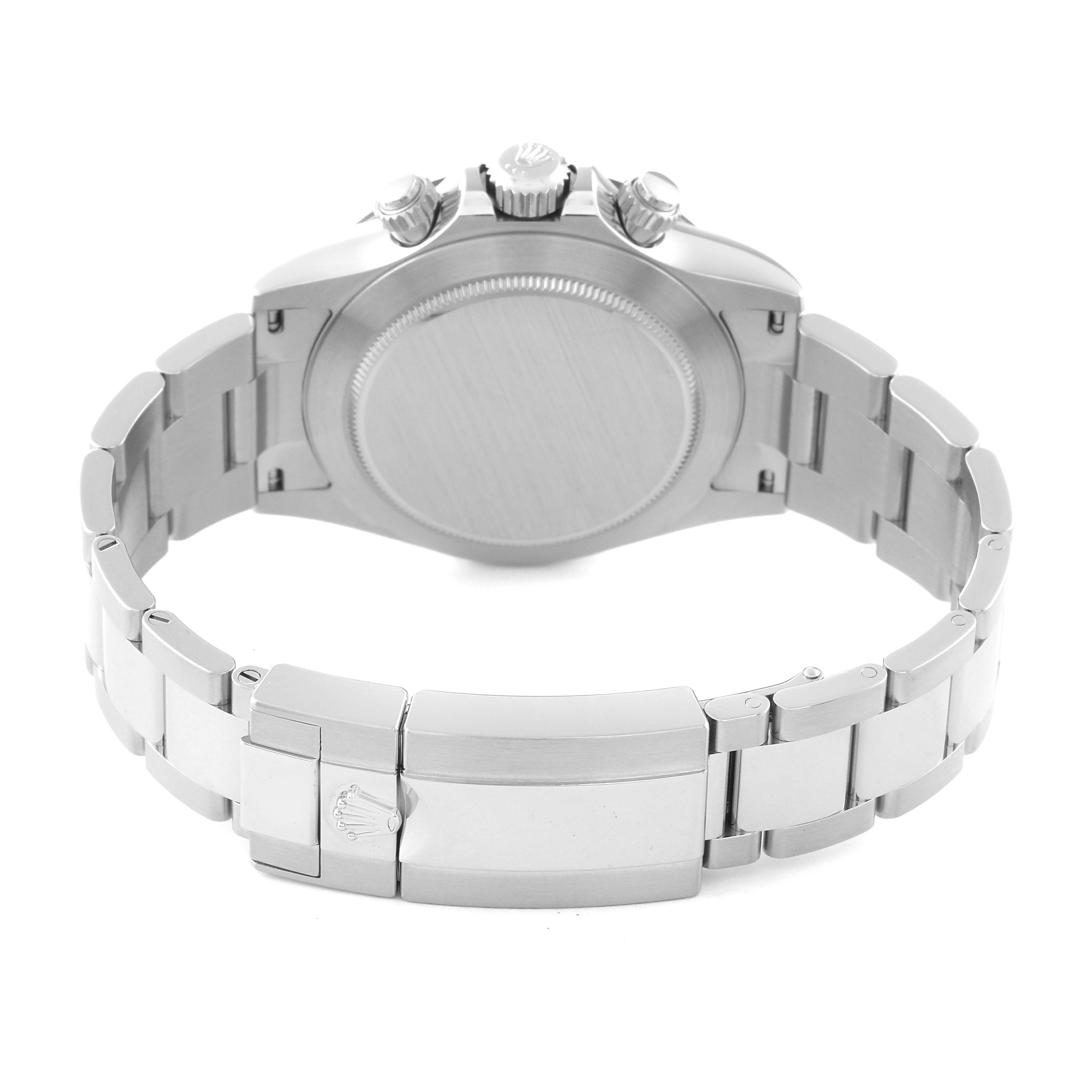 The image shows the back view of a Rolex Daytona 116500 Men's Stainless Steel Black Dial 116500 Men's Stainless Steel Black Dial watch, including the case back, bracelet, and clasp.