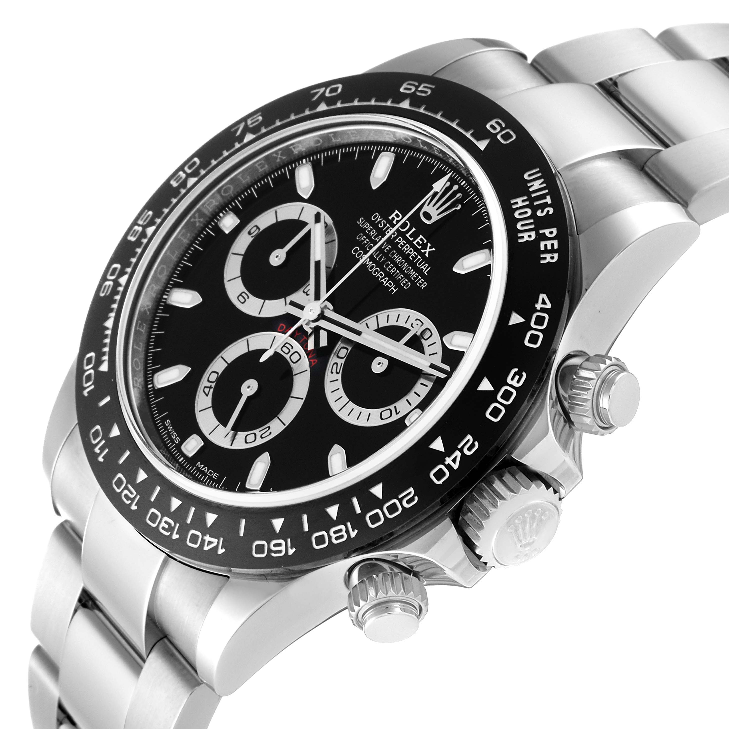 This image shows a close-up of the dial, bezel, and crown of a Rolex Daytona 116500 Men's Stainless Steel Black Dial 116500 Men's Stainless Steel Black Dial watch, viewed from an angled side perspective.