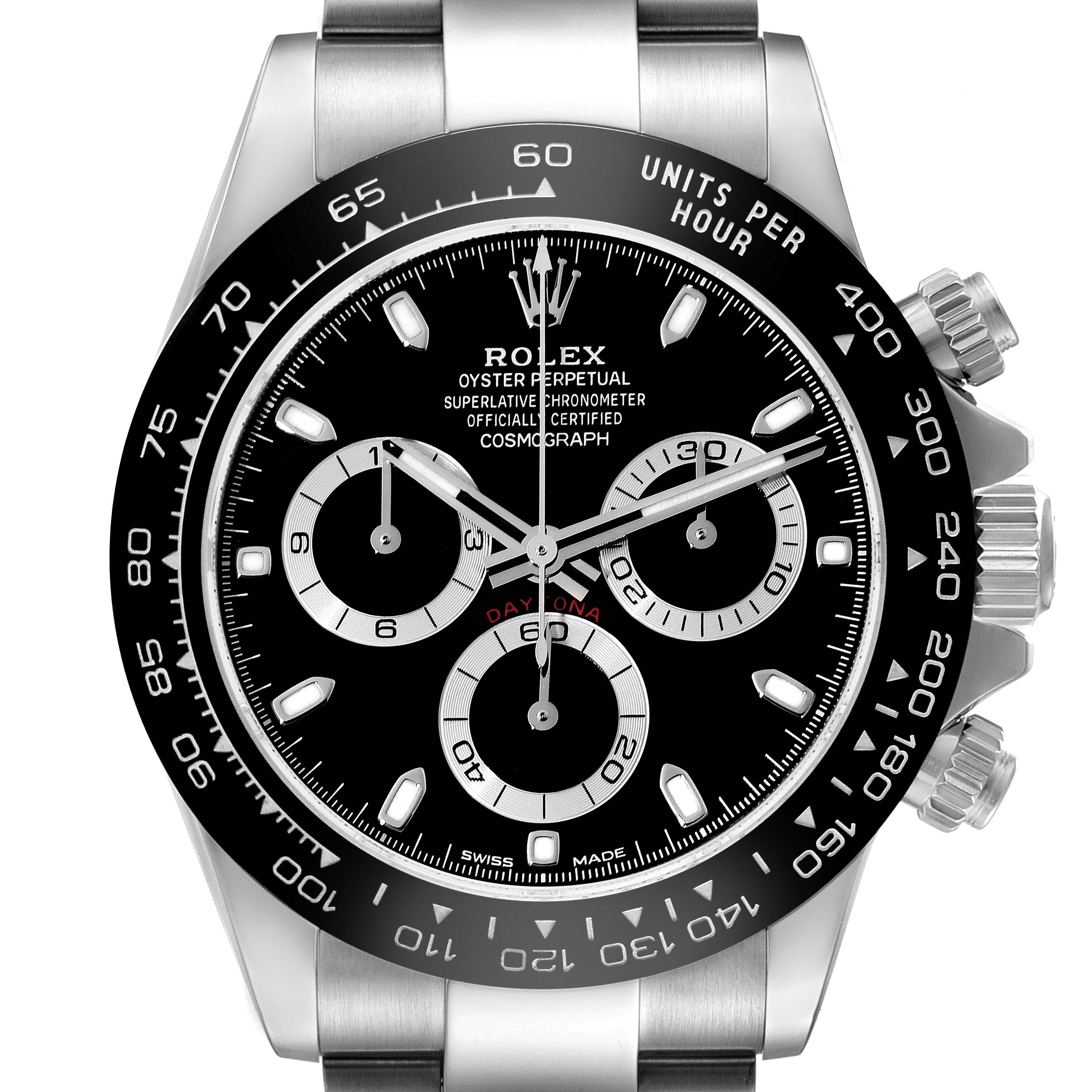 The image shows a front close-up view of the Rolex Daytona 116500 Men's Stainless Steel Black Dial 116500 Men's Stainless Steel Black Dial, highlighting its bezel, chronograph dials, and crown.