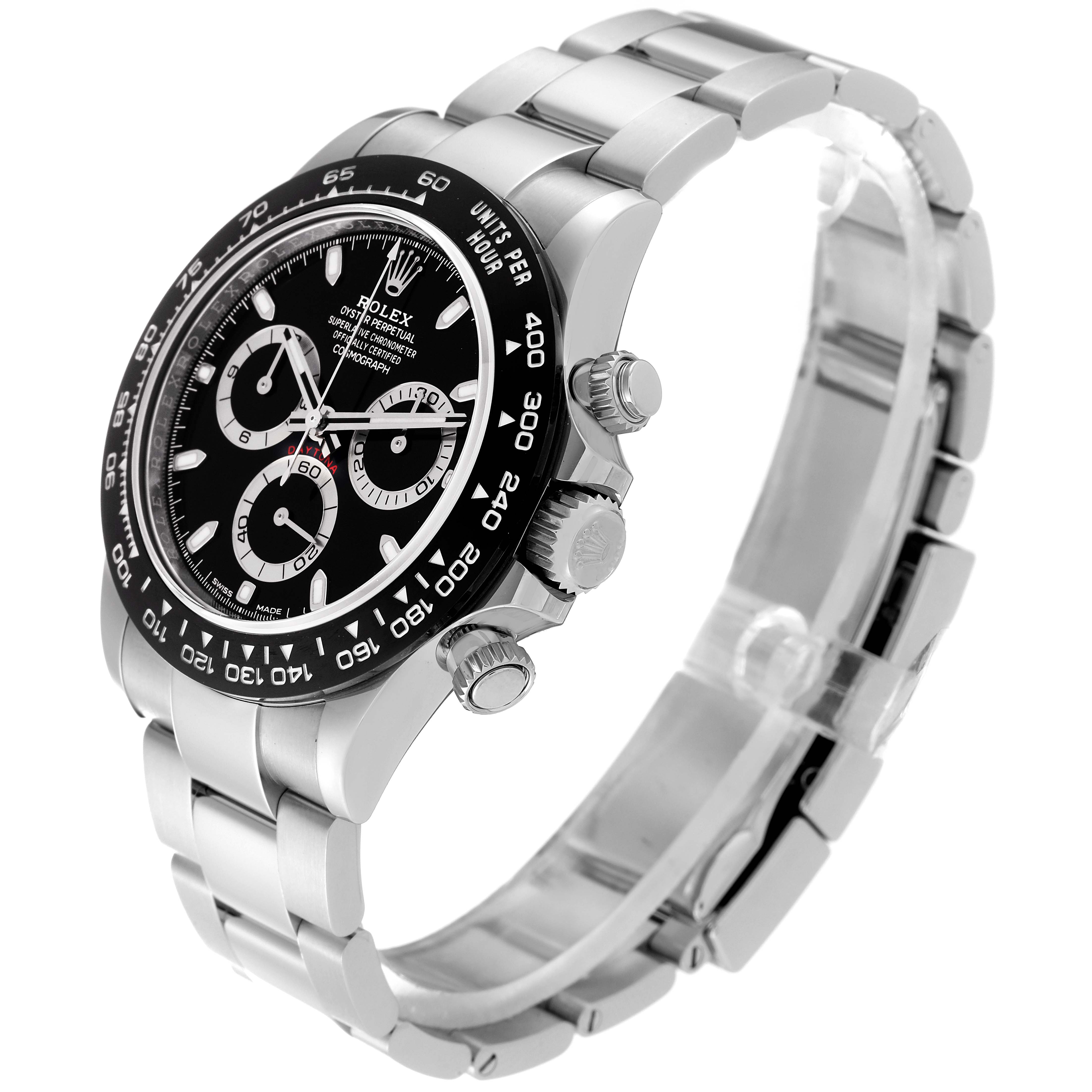 This image shows the Rolex Daytona 116500 Men's Stainless Steel Black Dial 116500 Men's Stainless Steel Black Dial watch at a slight side angle, highlighting its face, bezel, and bracelet.