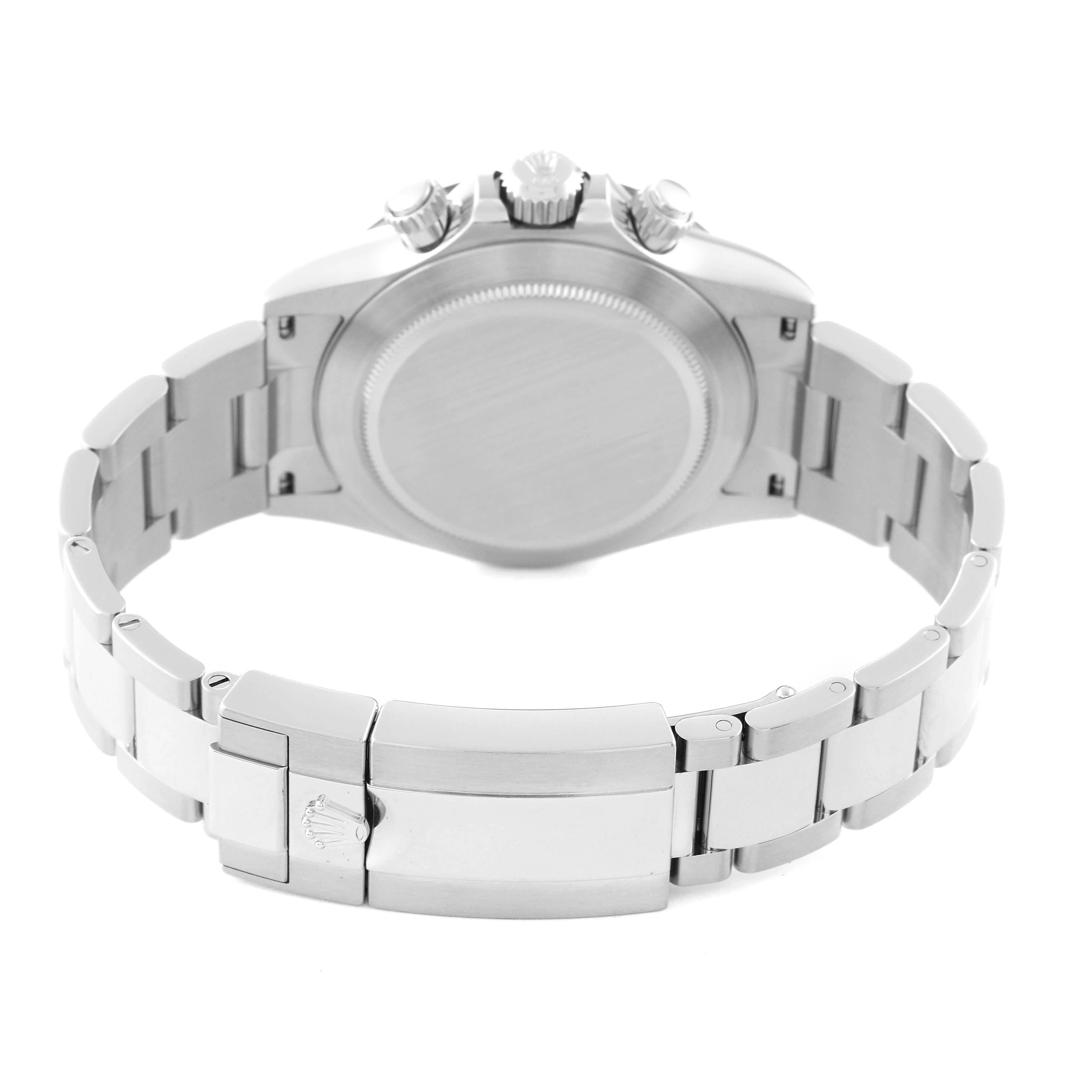 The image shows the back view of the Rolex Daytona 116500 Men's Stainless Steel Black Dial 116500 Men's Stainless Steel Black Dial watch, highlighting the clasp, bracelet, and case back.