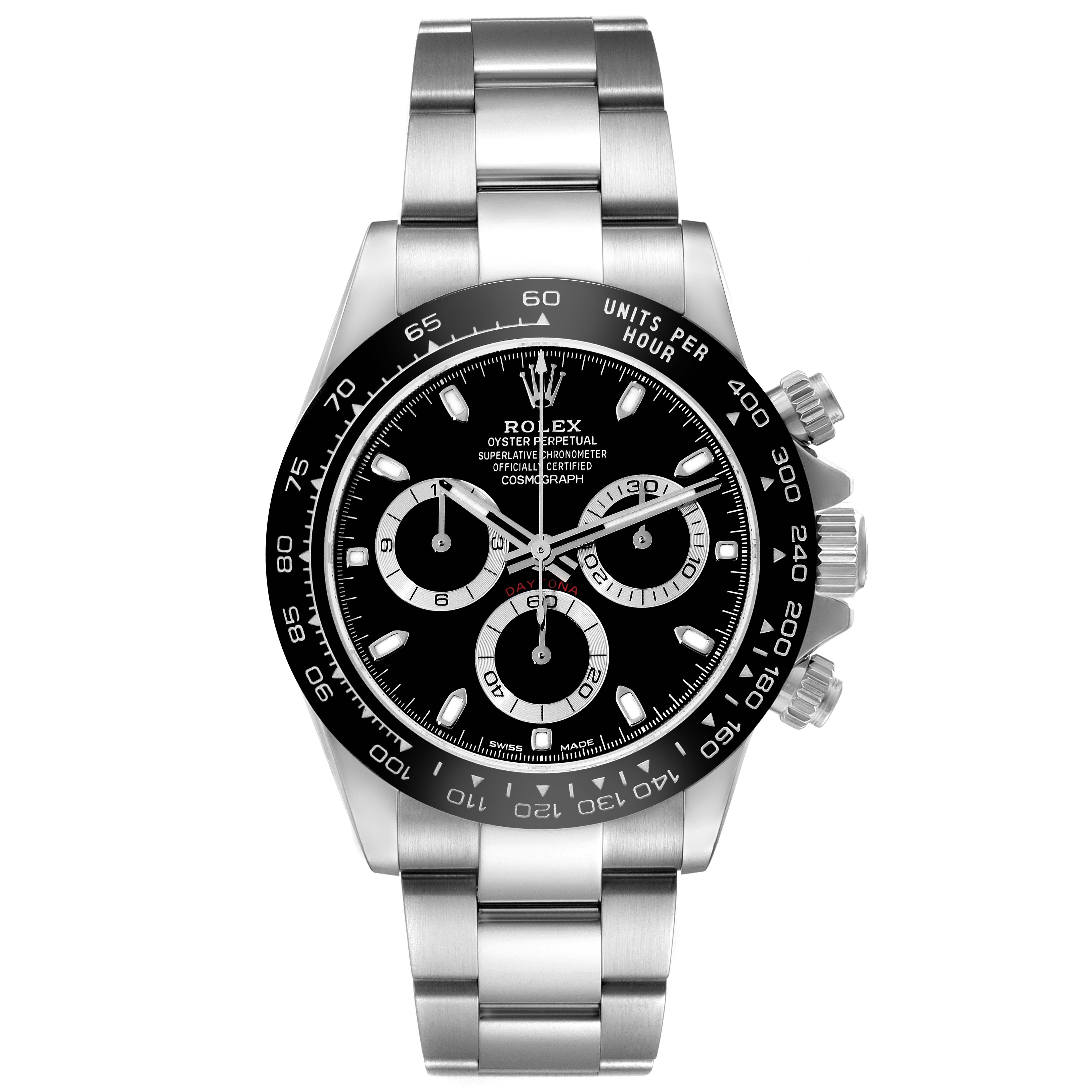 The image shows a front view of a Rolex Daytona 116500 Men's Stainless Steel Black Dial 116500 Men's Stainless Steel Black Dial watch, displaying its face, bezel, and bracelet.