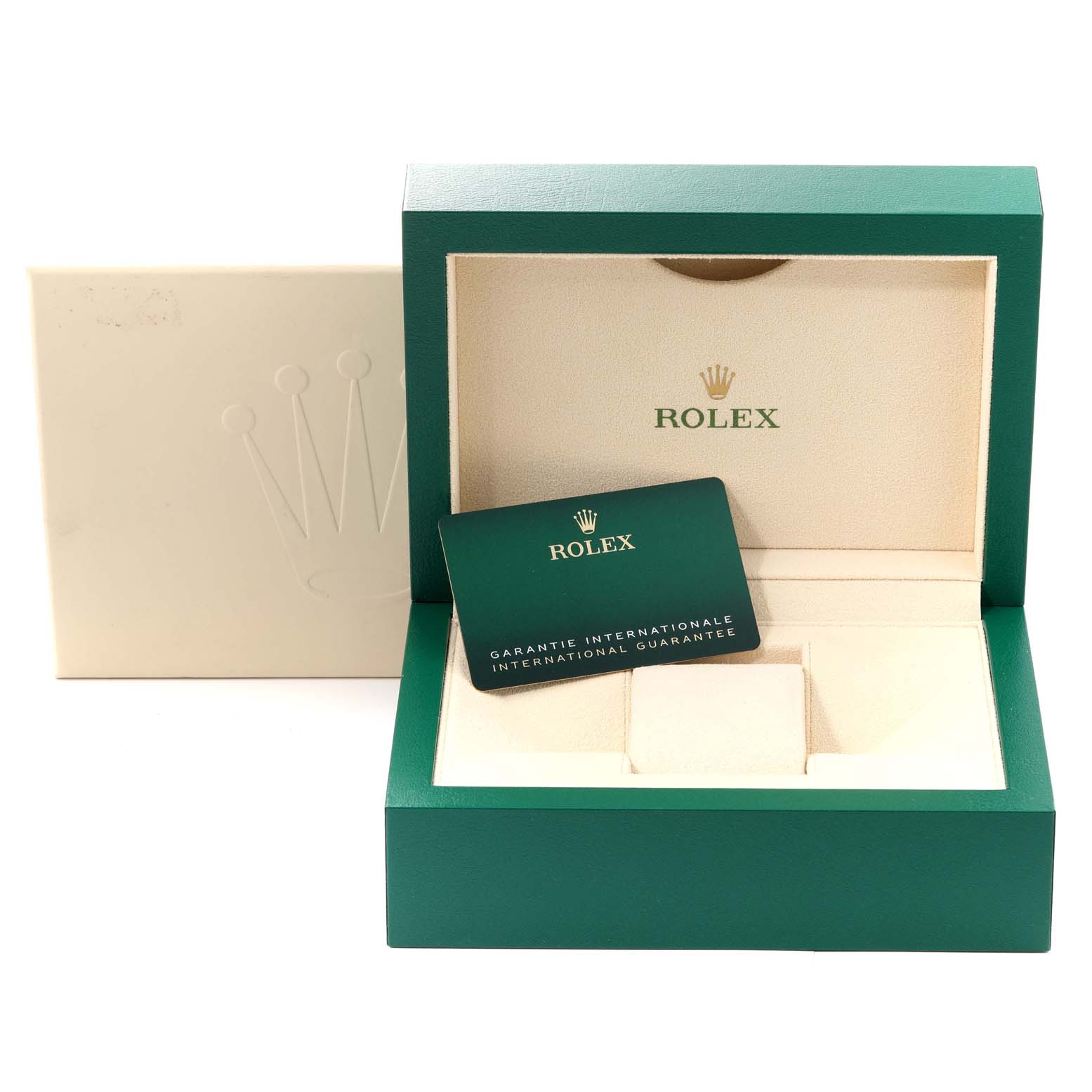 The image shows a Rolex Daytona 116500 Men's Stainless Steel Black Dial 116500 Men's Stainless Steel Black Dial watch box and guarantee card from a front angle.