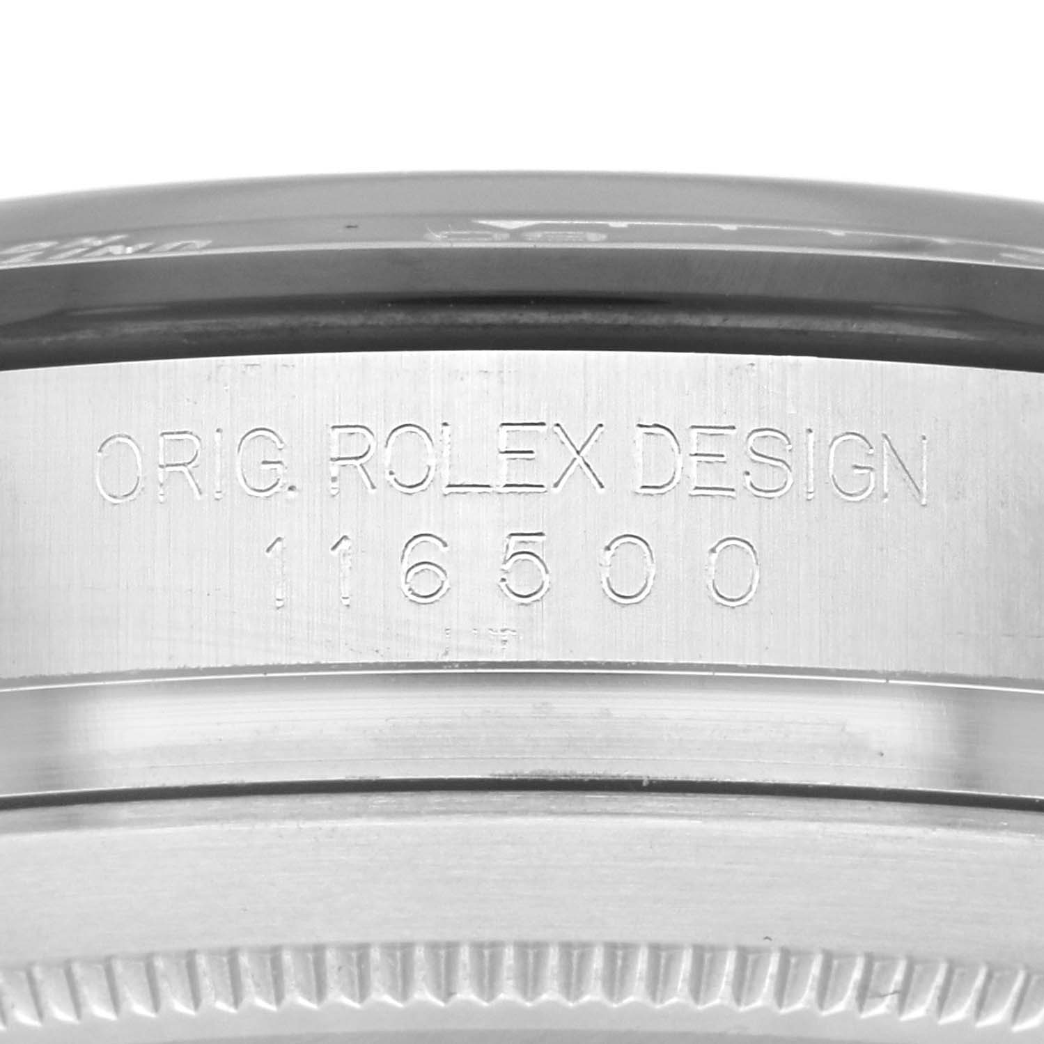 This close-up image shows the side of the bezel and case of a Rolex Daytona 116500 Men's Stainless Steel Black Dial 116500 Men's Stainless Steel Black Dial watch, featuring the model number 116500.