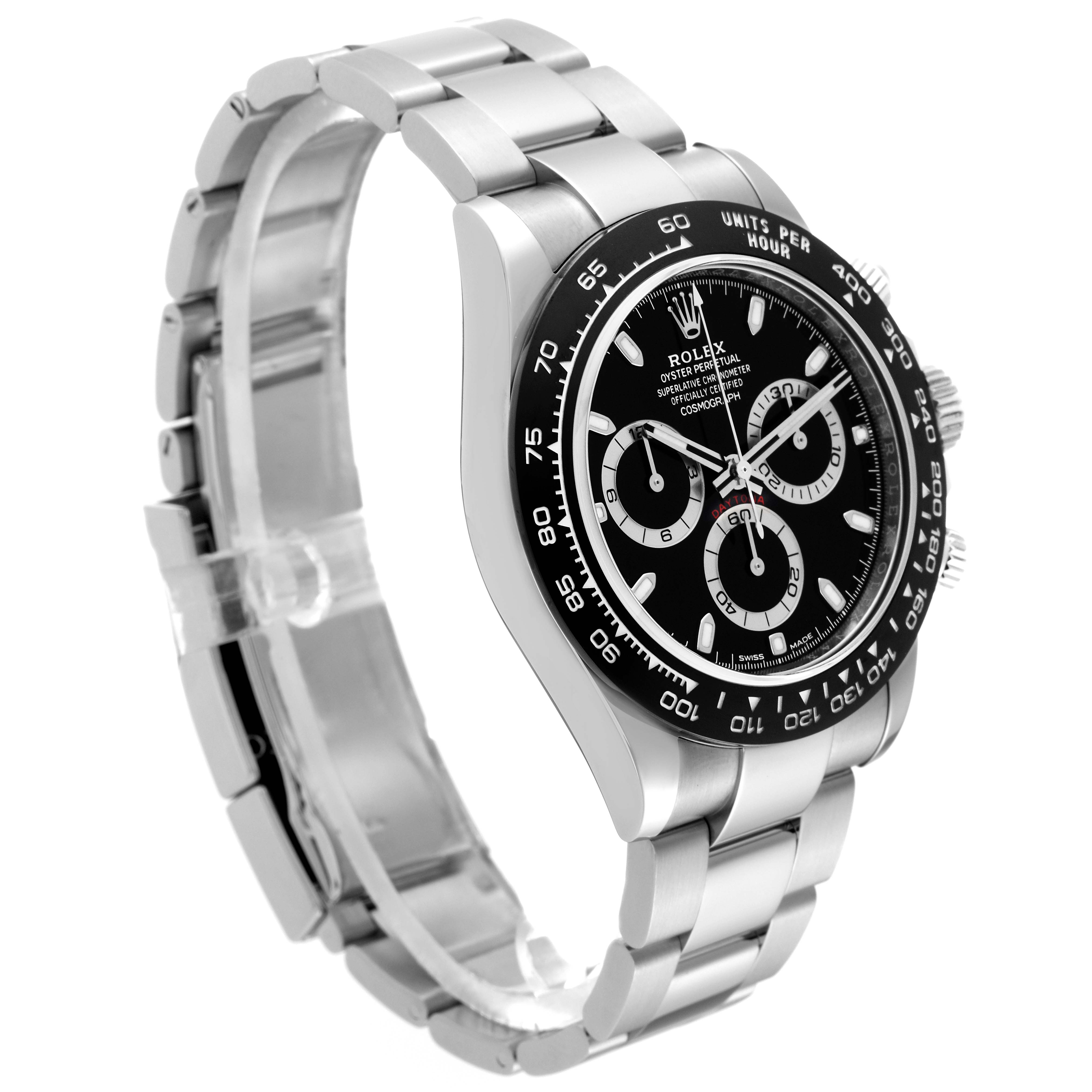 The Rolex Daytona 116500 Men's Stainless Steel Black Dial 116500 Men's Stainless Steel Black Dial watch is shown at an angle highlighting its face, bezel, pushers, and bracelet.