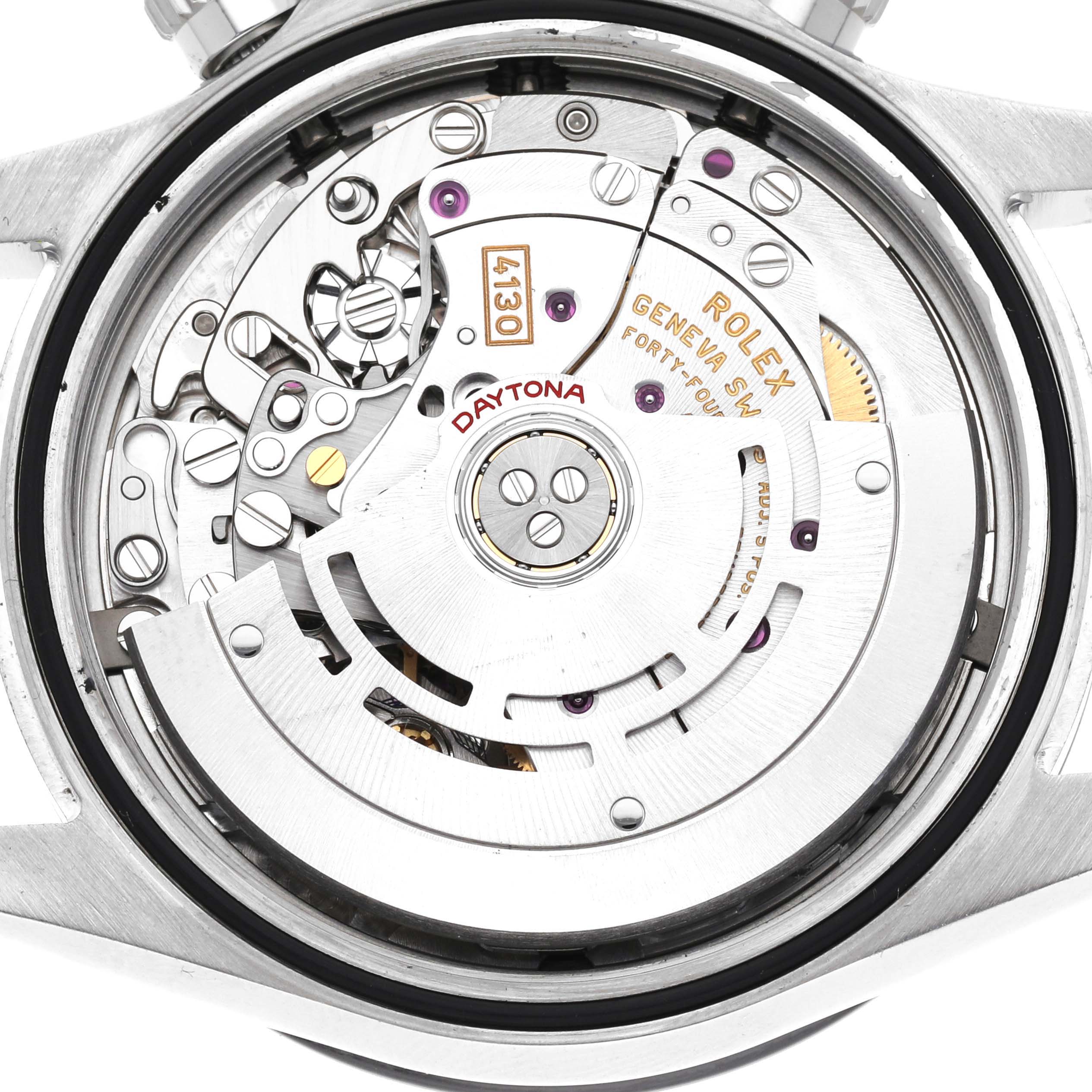 This image shows the movement and inner mechanisms of a Rolex Daytona 116500 Men's Stainless Steel Black Dial 116500 Men's Stainless Steel Black Dial watch from a back angle.
