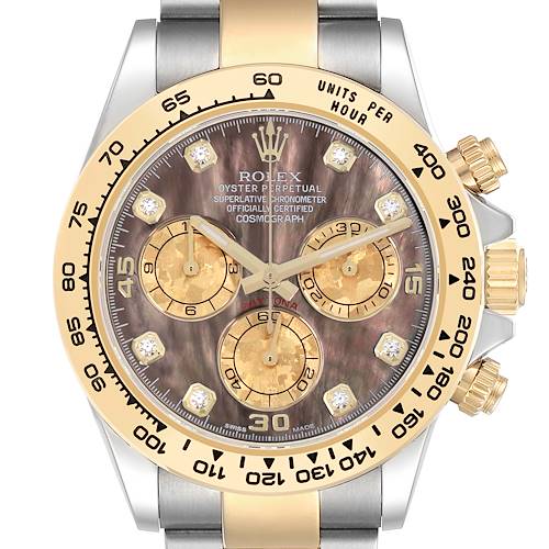 The Rolex Daytona 116503 Men's Steel and Gold (two tone) Mother of Pearl Dial watch is shown from a front angle, highlighting the bezel, dial, subdials, and crown.