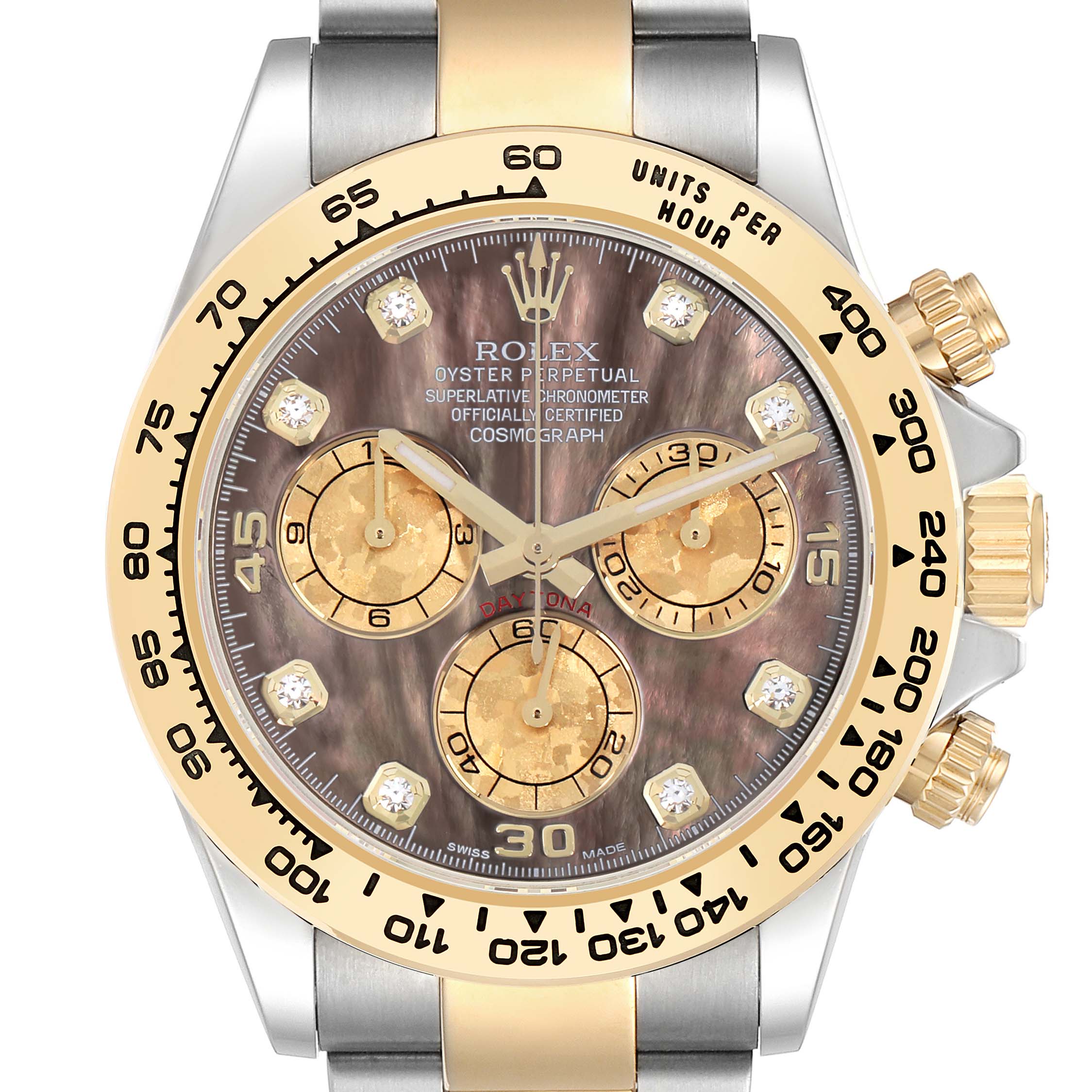 The image shows a Rolex Daytona 116503 Men's Steel and Gold (two tone) Mother of Pearl Dial watch face from the front, highlighting its dial, bezel, subdials, and crown.