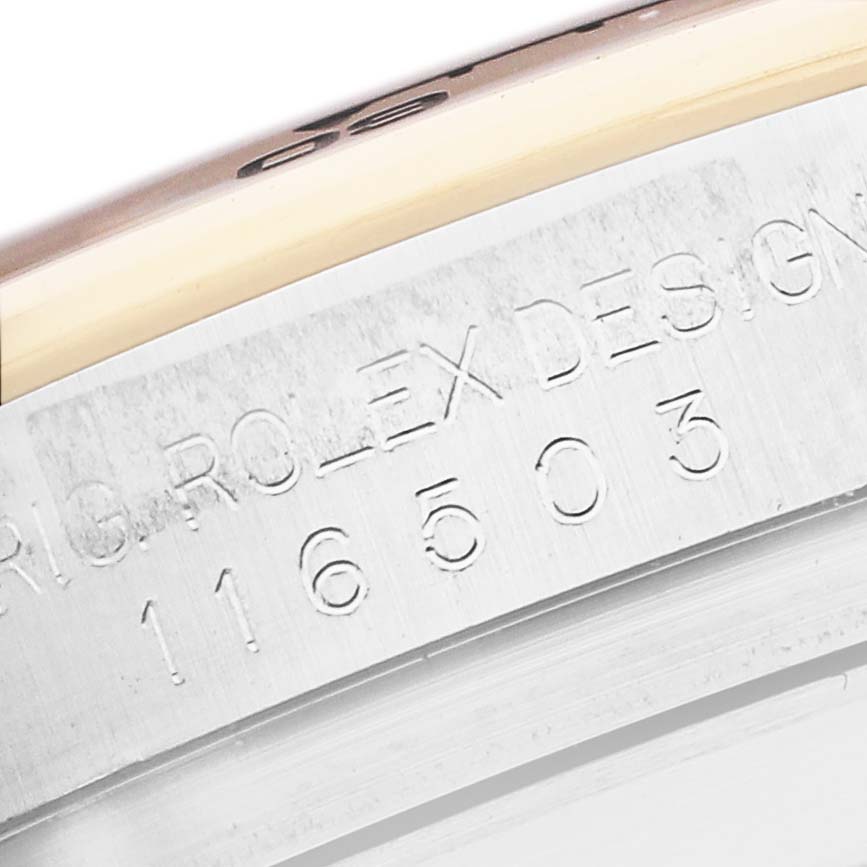The image shows a close-up of the side engraving on a Rolex Daytona 116503 Men's Steel and Gold (two tone) Mother of Pearl Dial, highlighting the model number and "Rolex Design" text.