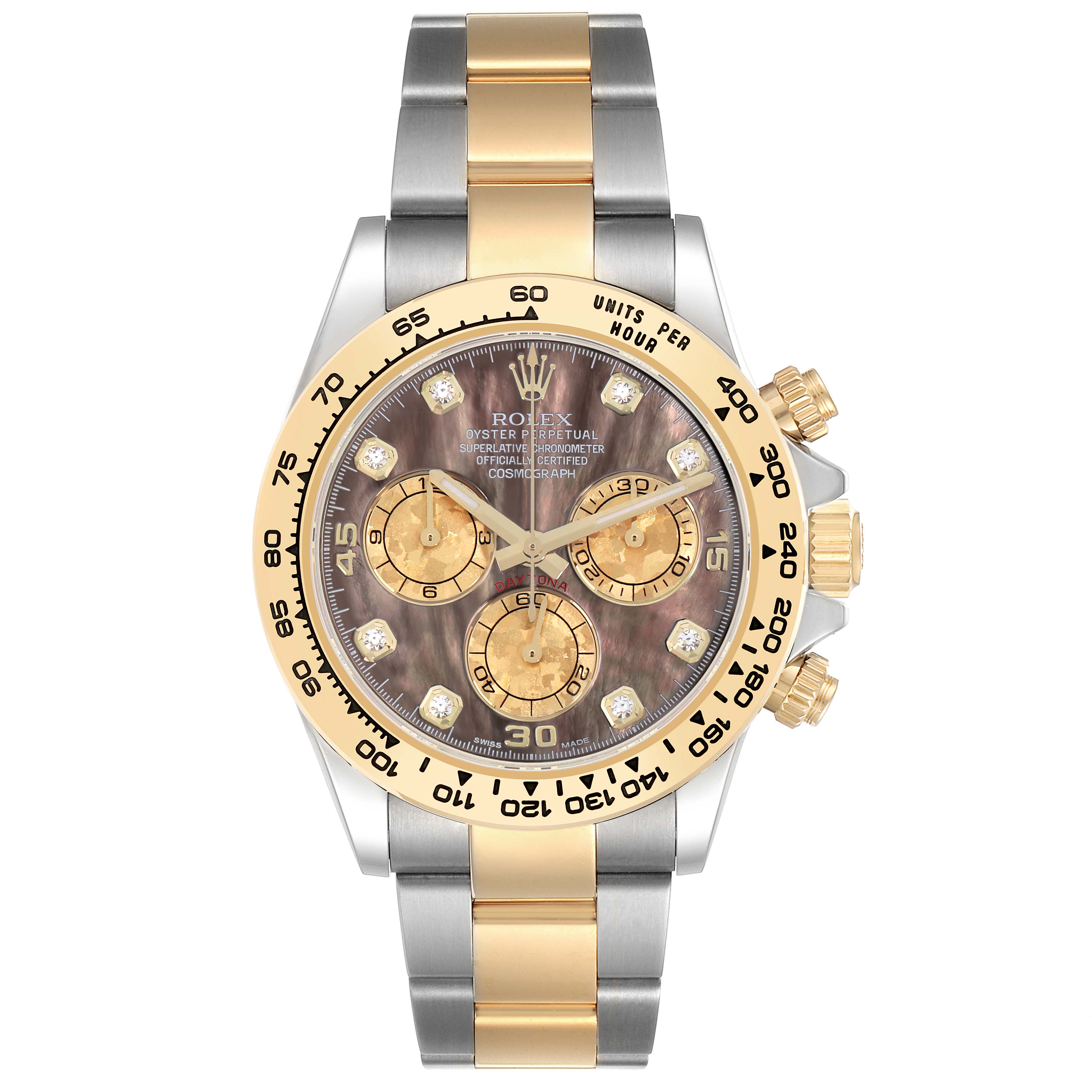 The image shows a frontal view of a Rolex Daytona 116503 Men's Steel and Gold (two tone) Mother of Pearl Dial watch, highlighting its bezel, crown, subdials, and two-tone bracelet.
