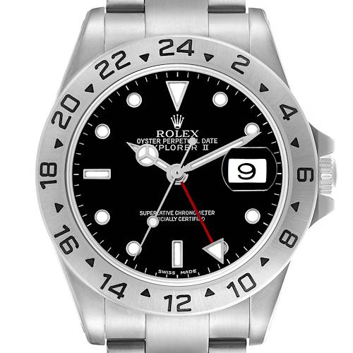 The Rolex Explorer model is shown from a front angle, highlighting the bezel, dial, hands, markers, date, and part of the bracelet.