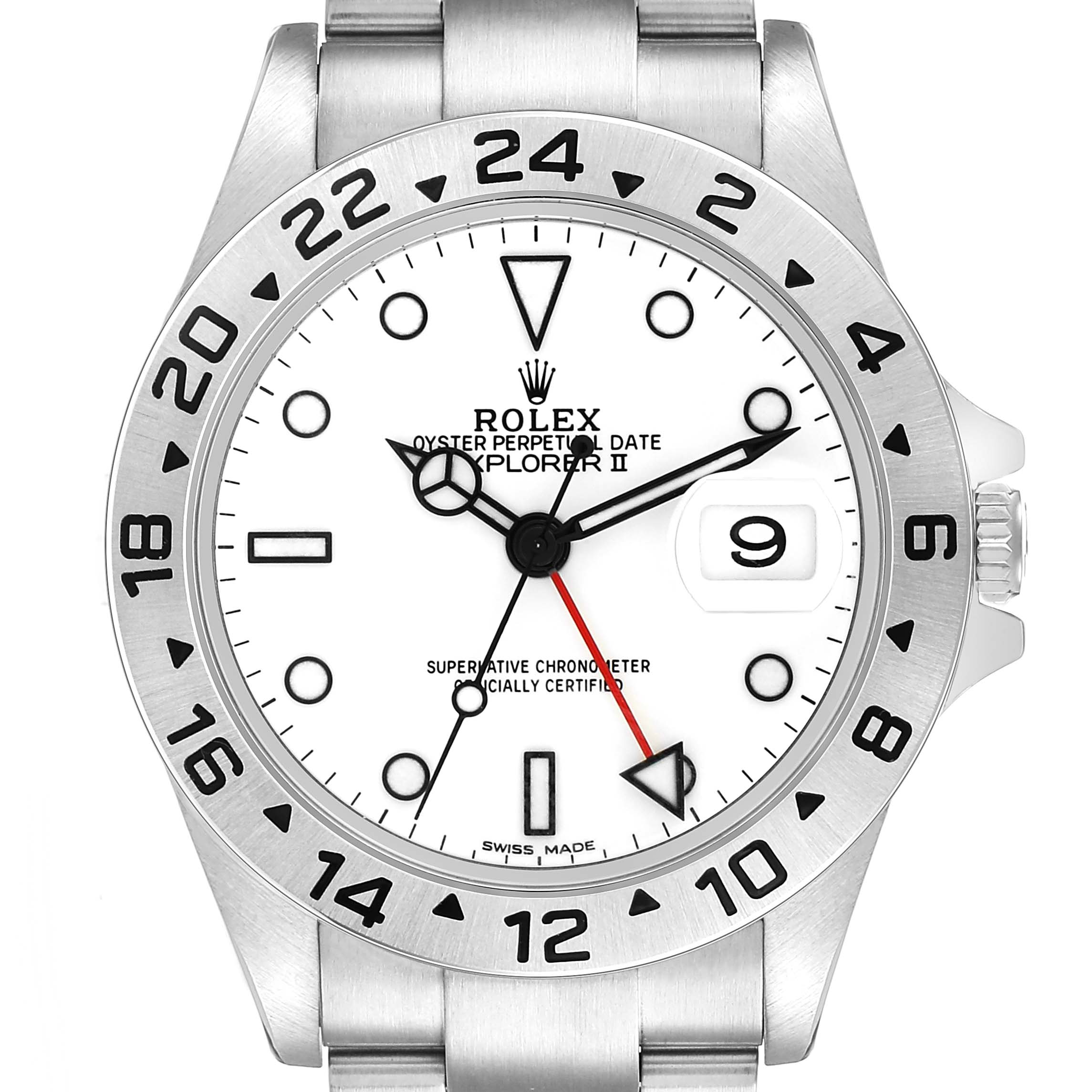 The Rolex Explorer 16570 T Men's Stainless Steel White Dial II watch is shown from a top-down angle, highlighting the dial, bezel, and a portion of the bracelet.
