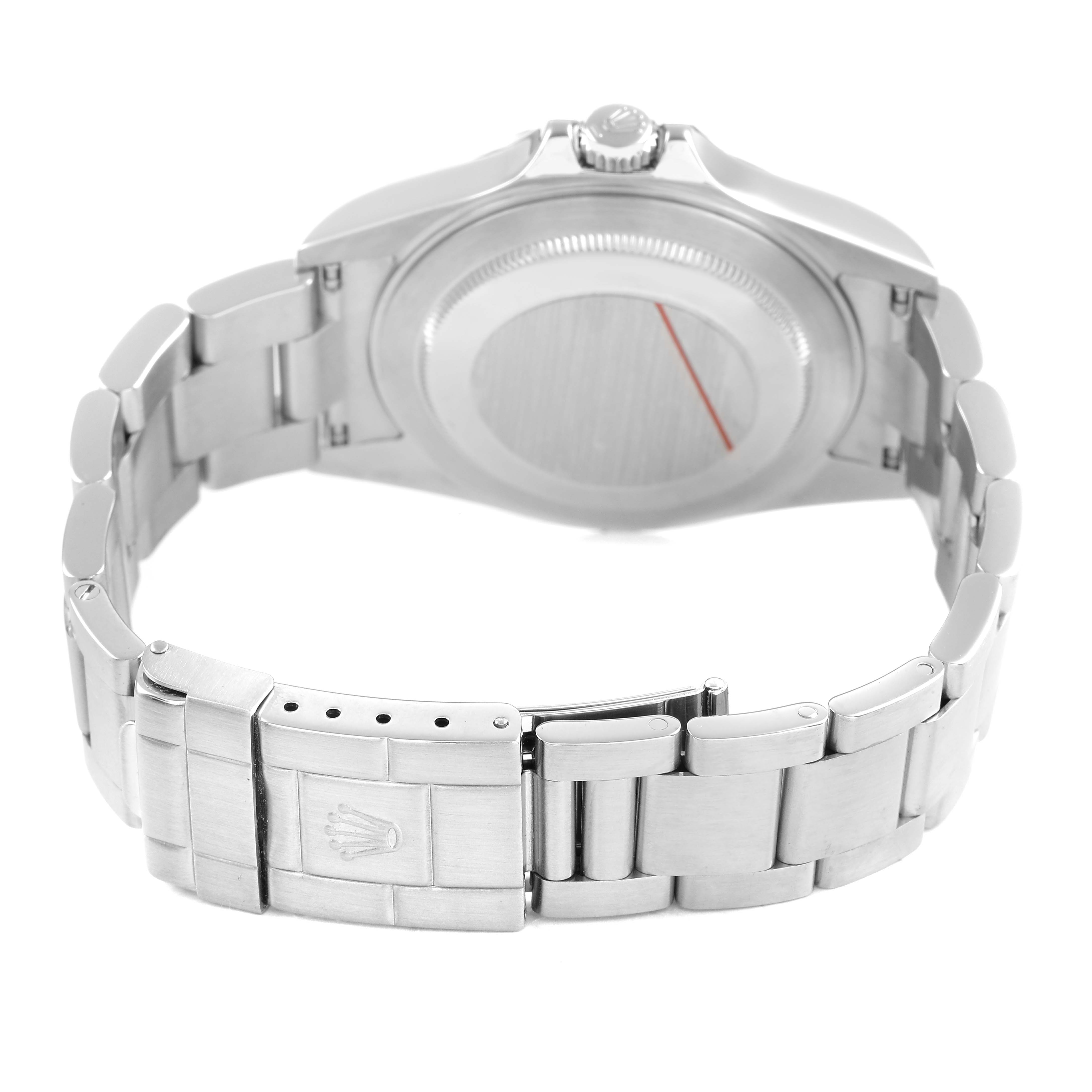 The image shows the Rolex Explorer 16570 T Men's Stainless Steel White Dial watch from the back, highlighting the bracelet, clasp, and case back.