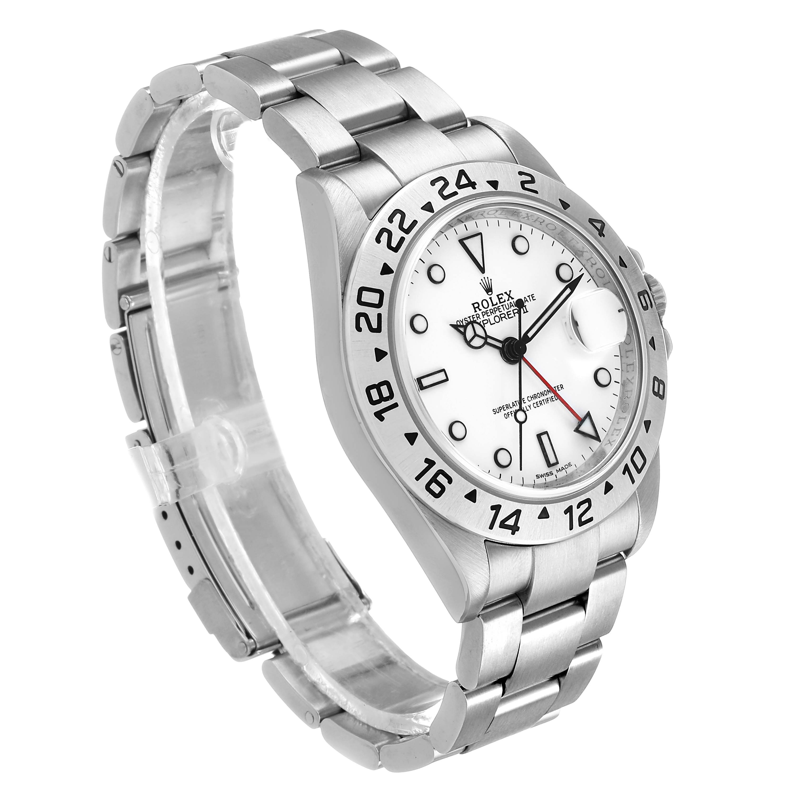 The Rolex Explorer 16570 T Men's Stainless Steel White Dial watch is shown at a three-quarter angle, highlighting its face, bezel, and bracelet.